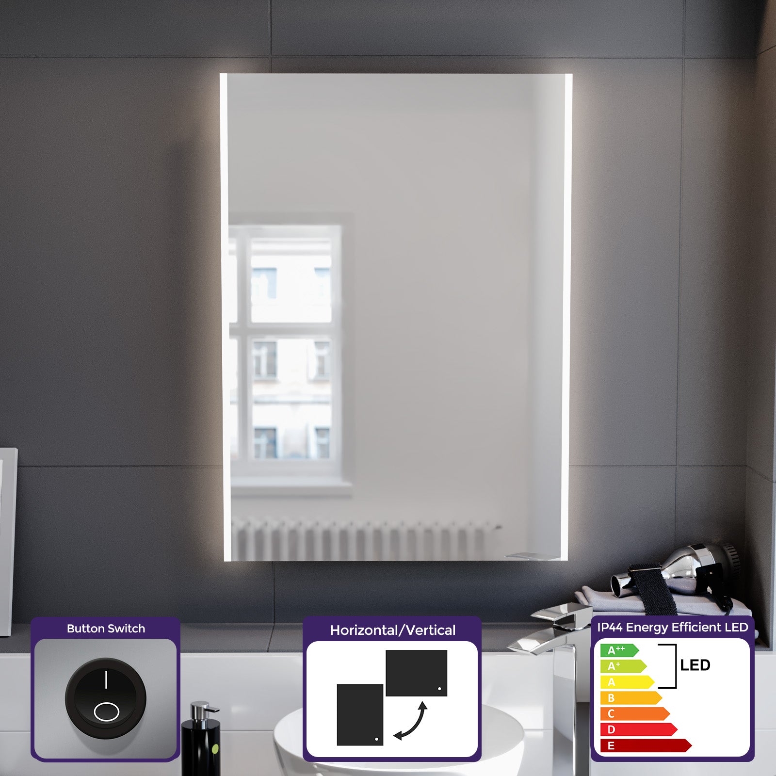 Large Battery Operated LED Backlit Illuminated Bathroom Mirror