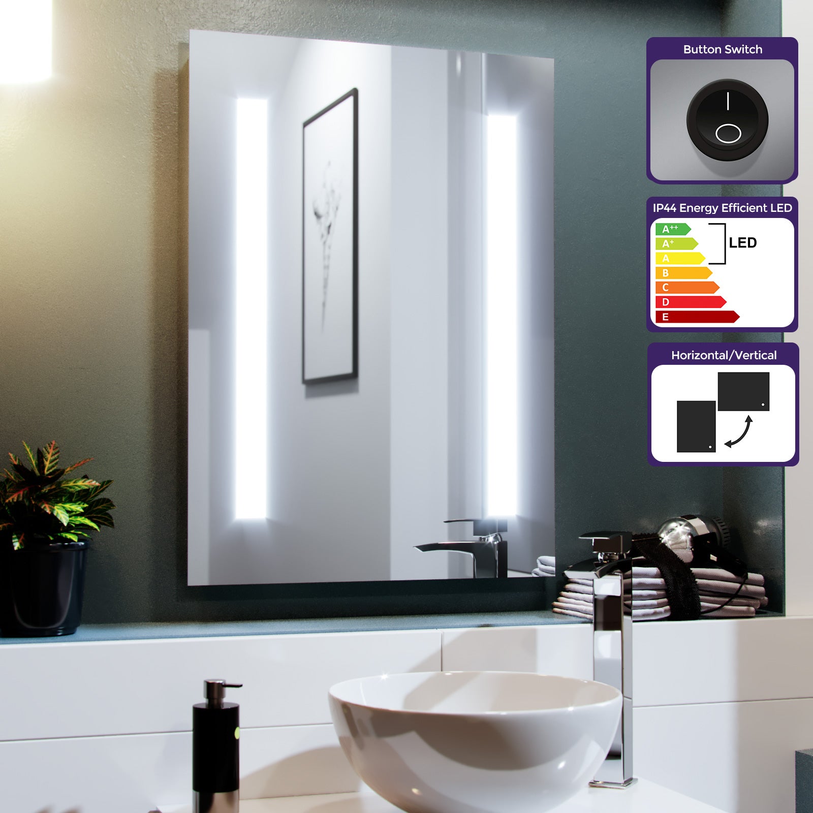 Lawerence Bathroom LED Mirror with Battery Powered Button Switch 500 x 700mm