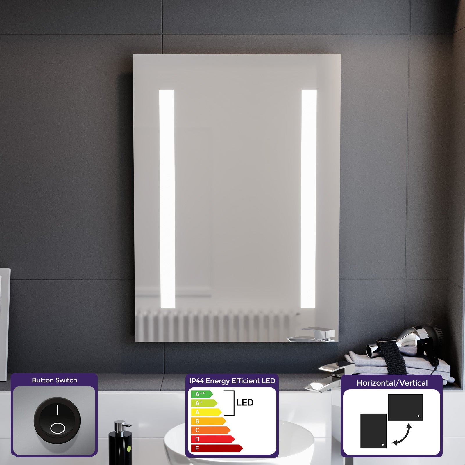 Lawerence Bathroom LED Mirror with Battery Powered Button Switch 500 x 700mm