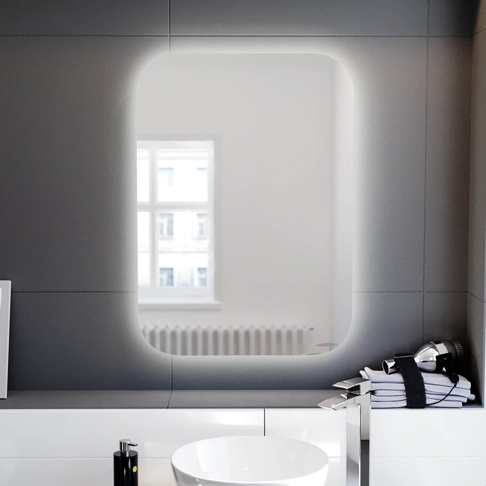 Bathroom LED Mirror With Battery Powered Button Switch 500 x 700mm