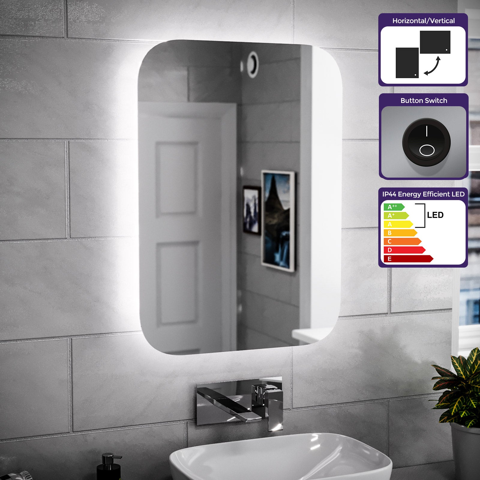 Bathroom LED Mirror With Battery Powered Button Switch 500 x 700mm