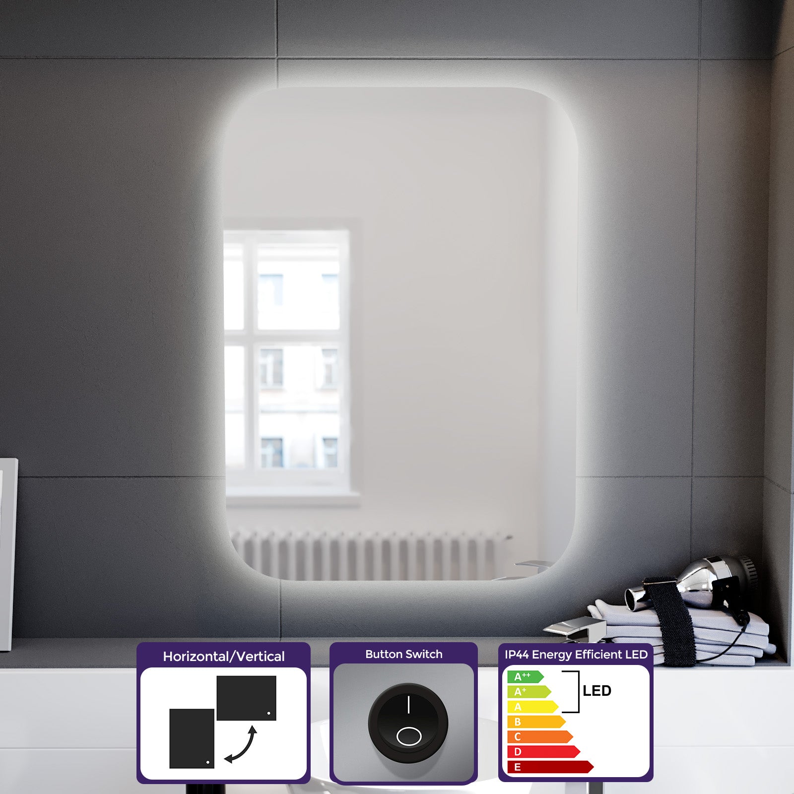 Bathroom LED Mirror With Battery Powered Button Switch 500 x 700mm