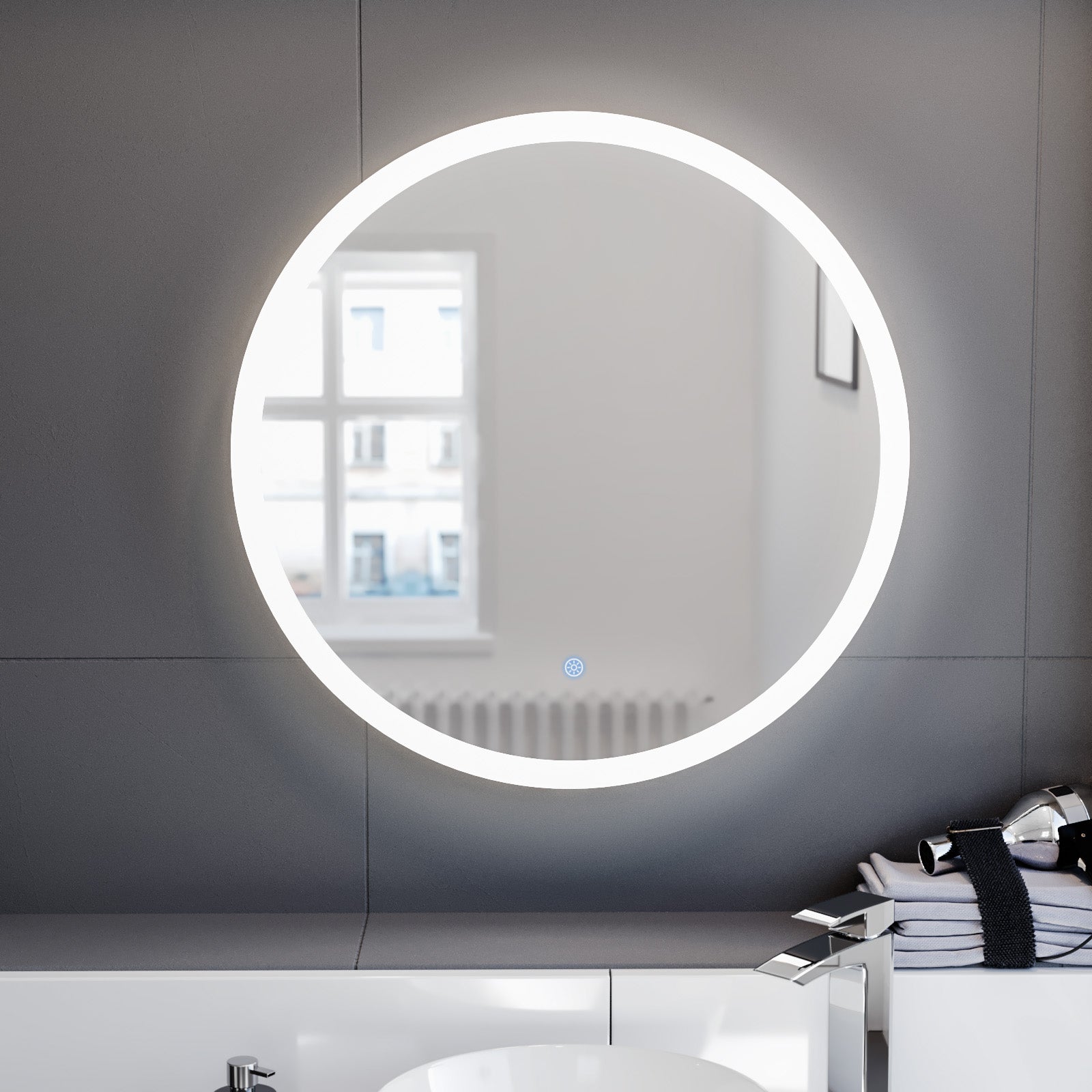 Nes Home Modern Round Bathroom LED Mirror with Battery Powered Touch 600mm