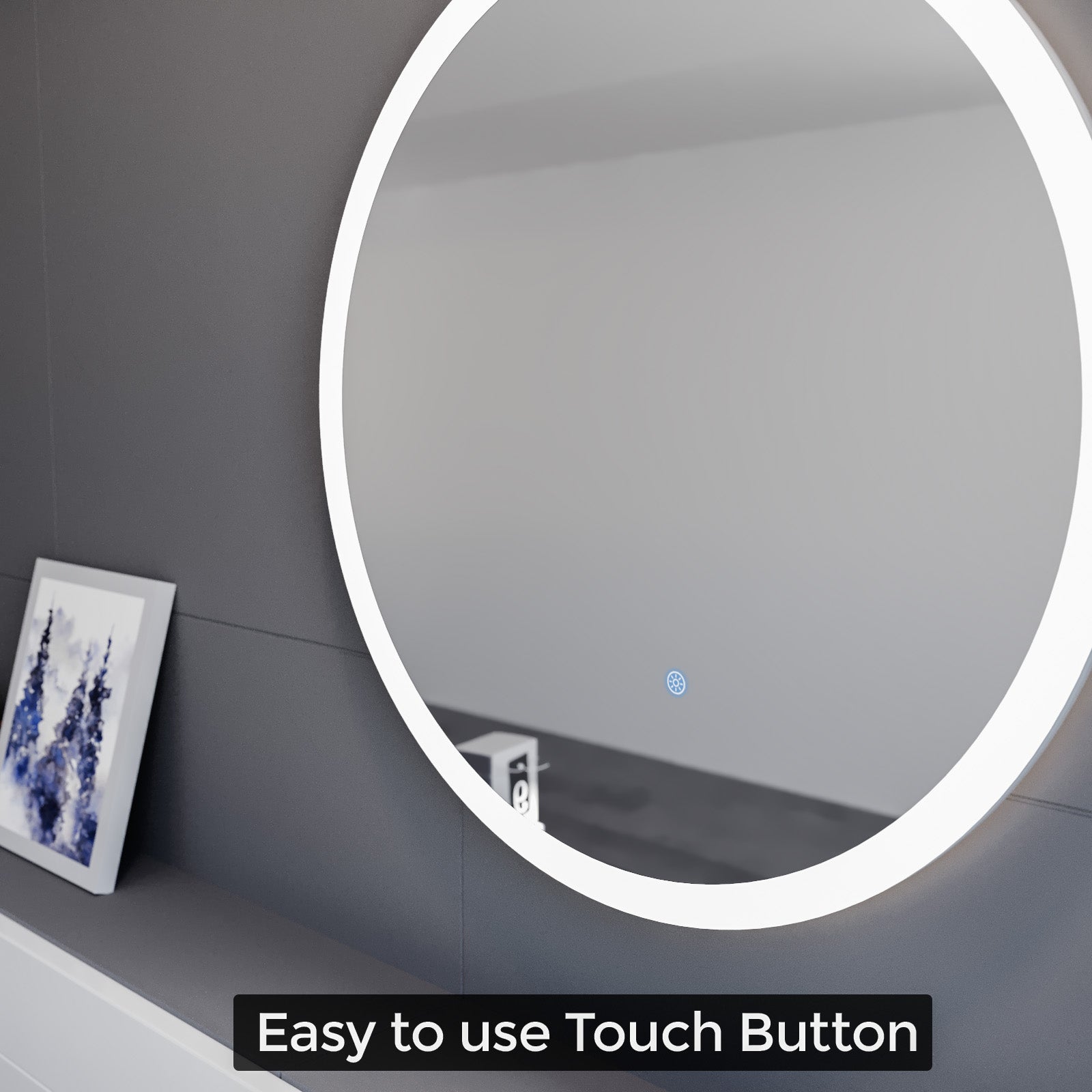 Nes Home Modern Round Bathroom LED Mirror with Battery Powered Touch 600mm