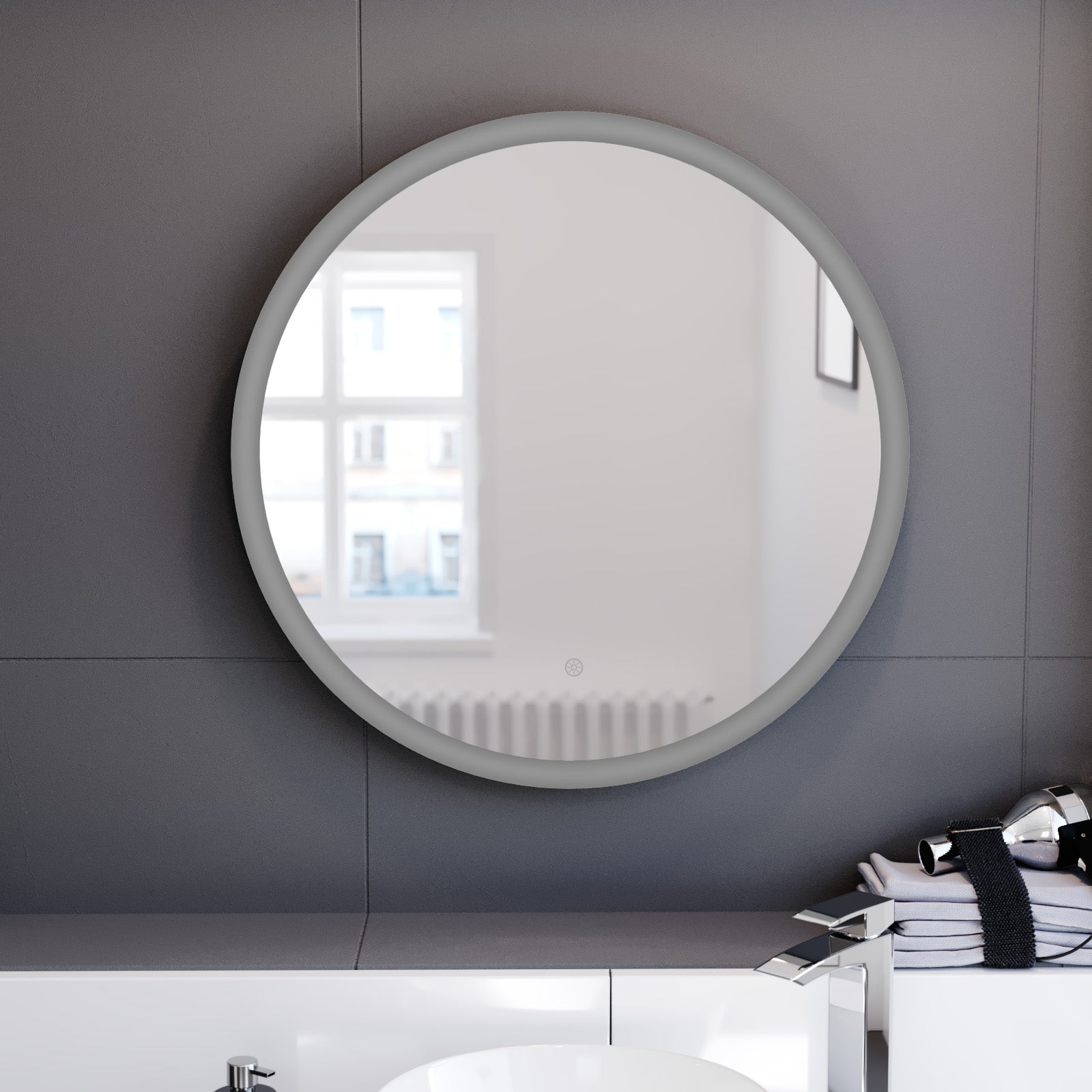 Nes Home Modern Round Bathroom LED Mirror with Battery Powered Touch 600mm