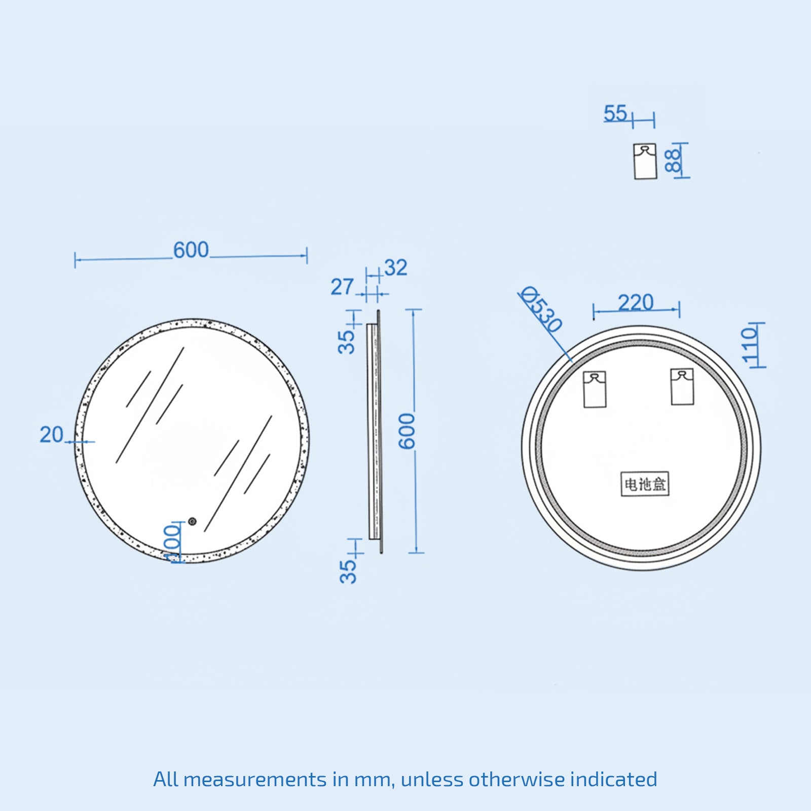 Nes Home Modern Round Bathroom LED Mirror with Battery Powered Touch 600mm