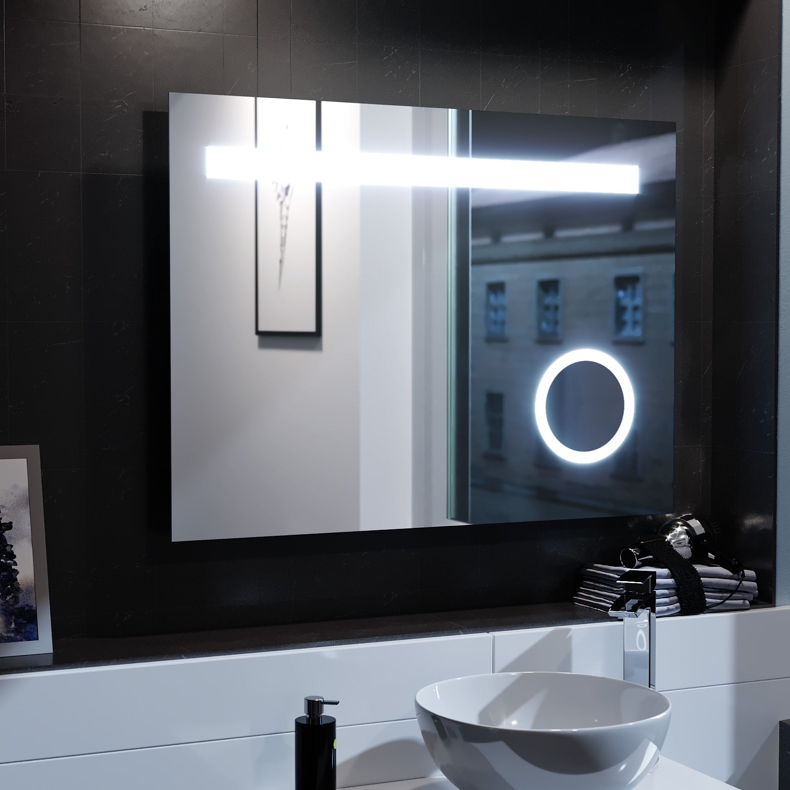 Lawerence Modern Rectangle LED 800mm x 600mm Round Corner Bathroom Mirror Demister