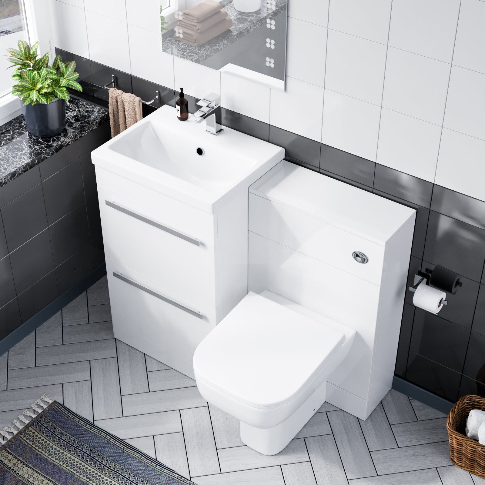 Nanuya White 1000 mm Basin 2 Drawer Vanity Cabinet and WC Toilet Pan Combo Suite