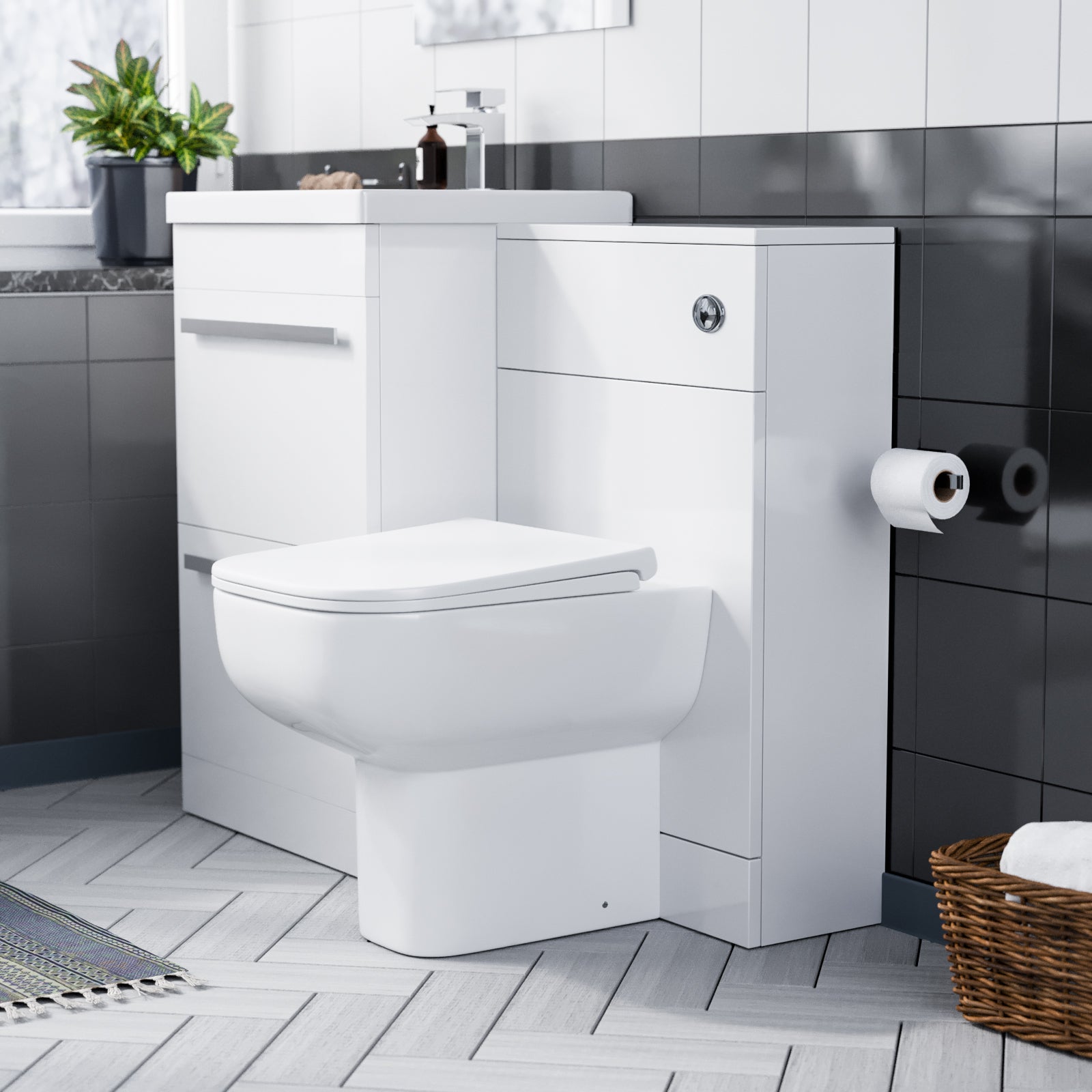 Nanuya White 1000 mm Basin 2 Drawer Vanity Cabinet and WC Toilet Pan Combo Suite