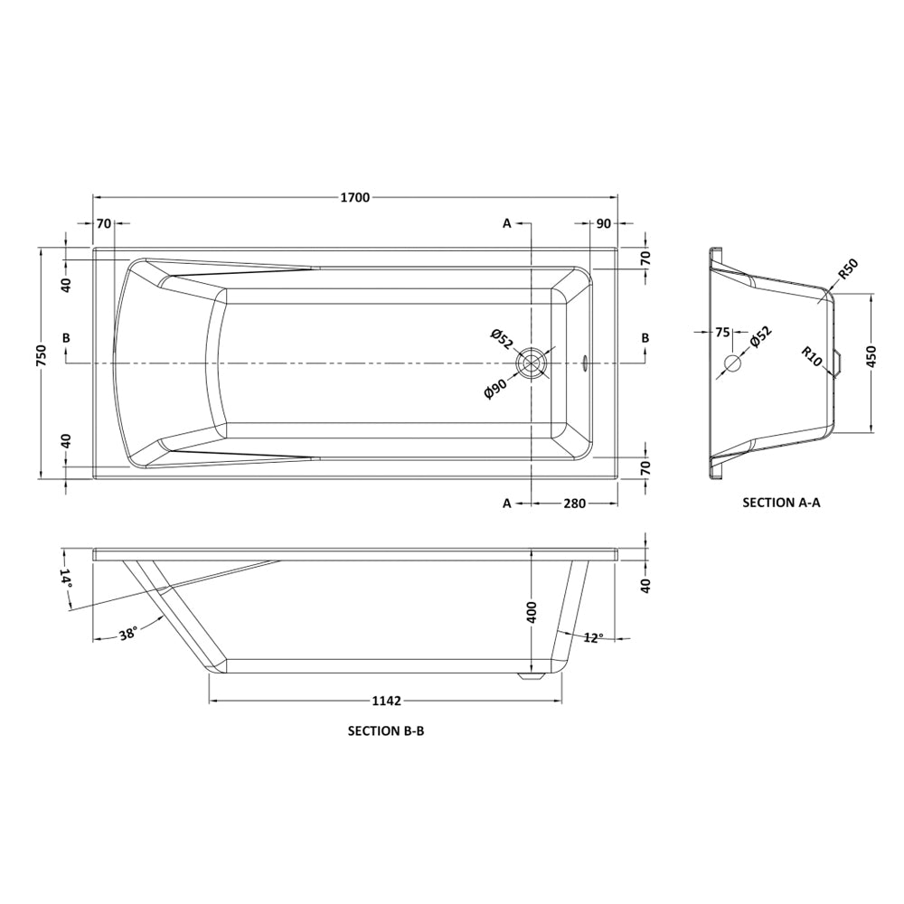 Tavi 1700 x 750mm White Square Single Ended Bath Acrylic