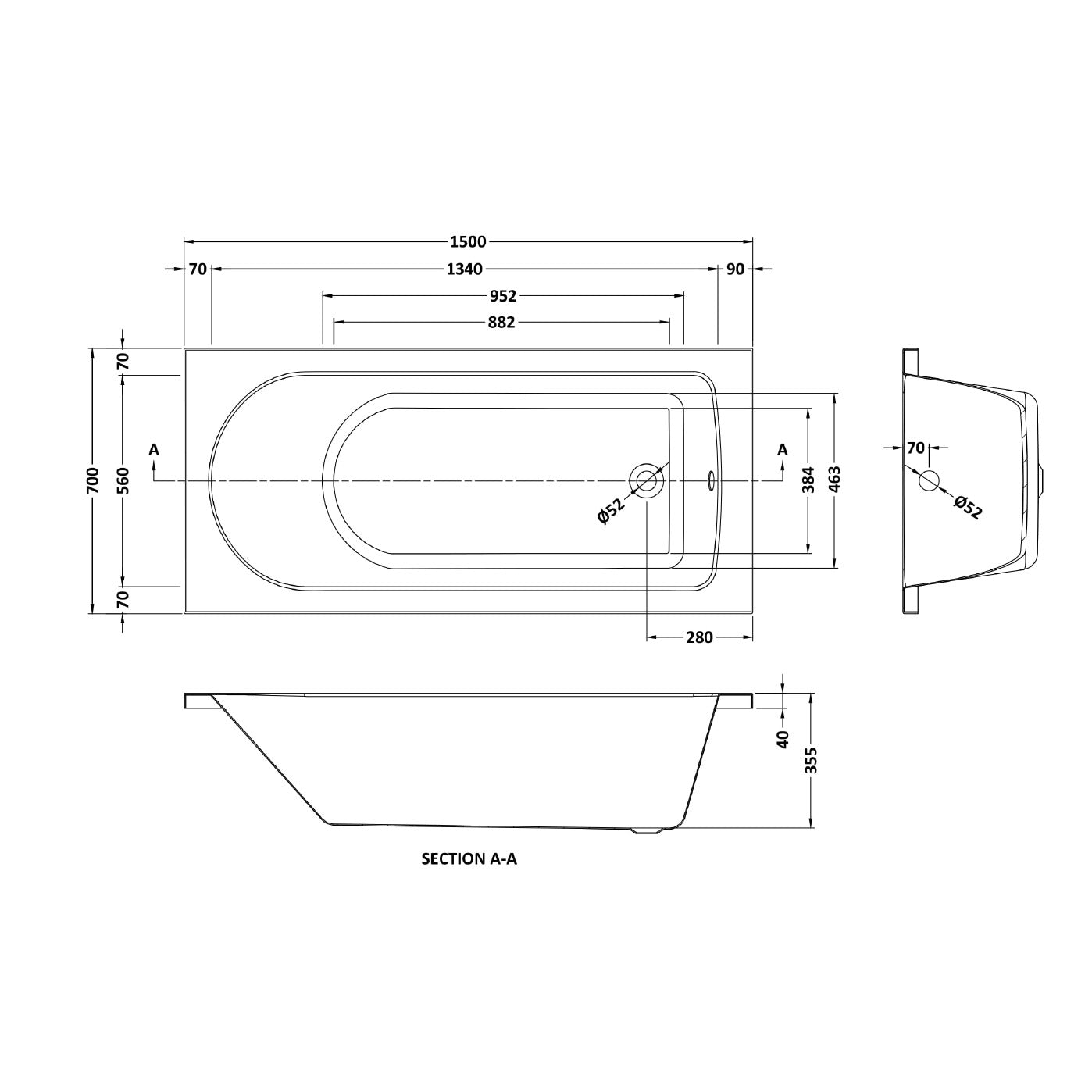 Tavi 1500 x 700mm Standard White Round Single Ended Bath Acrylic