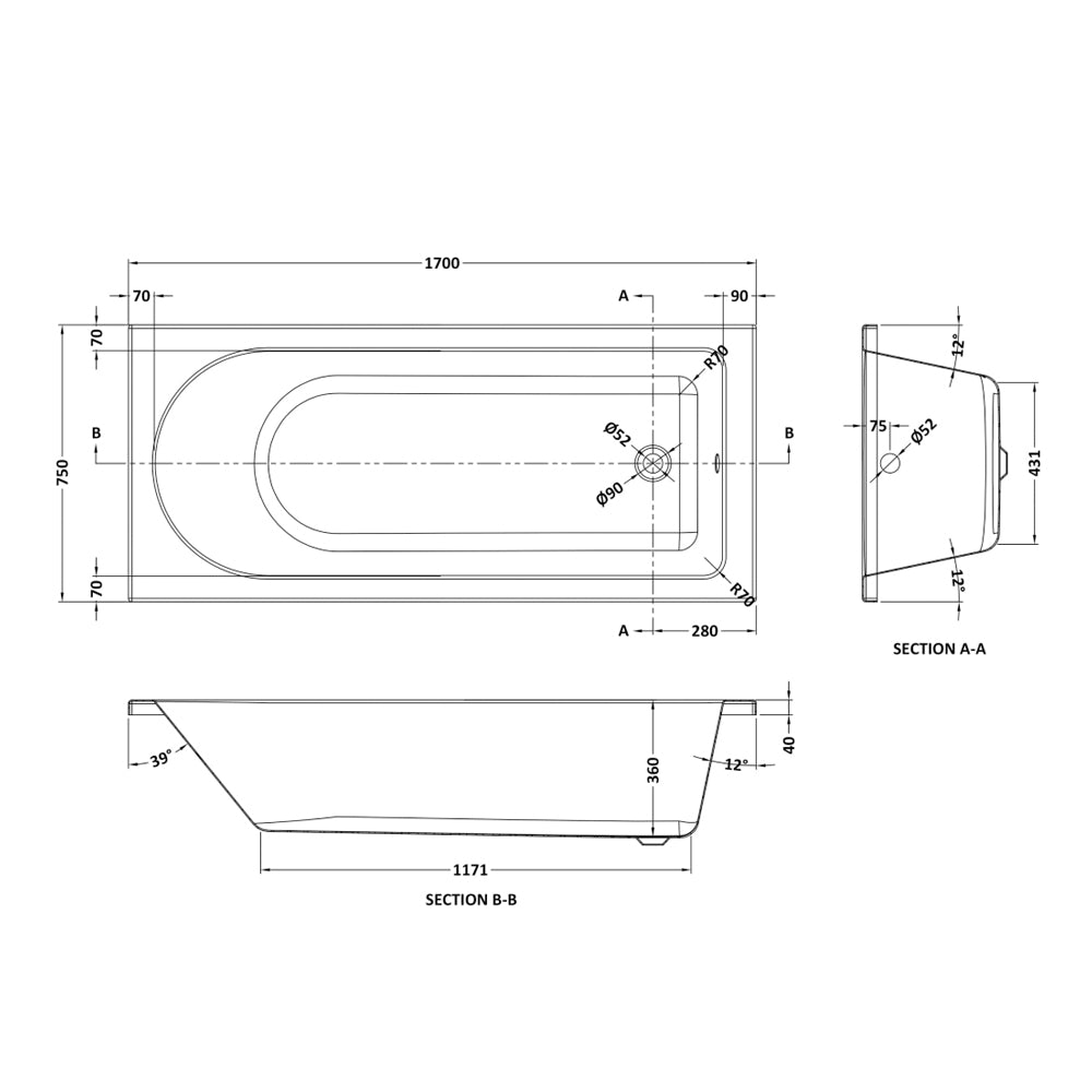 Tavi 1700 x 750mm Standard Round White Single Ended Bath Acrylic