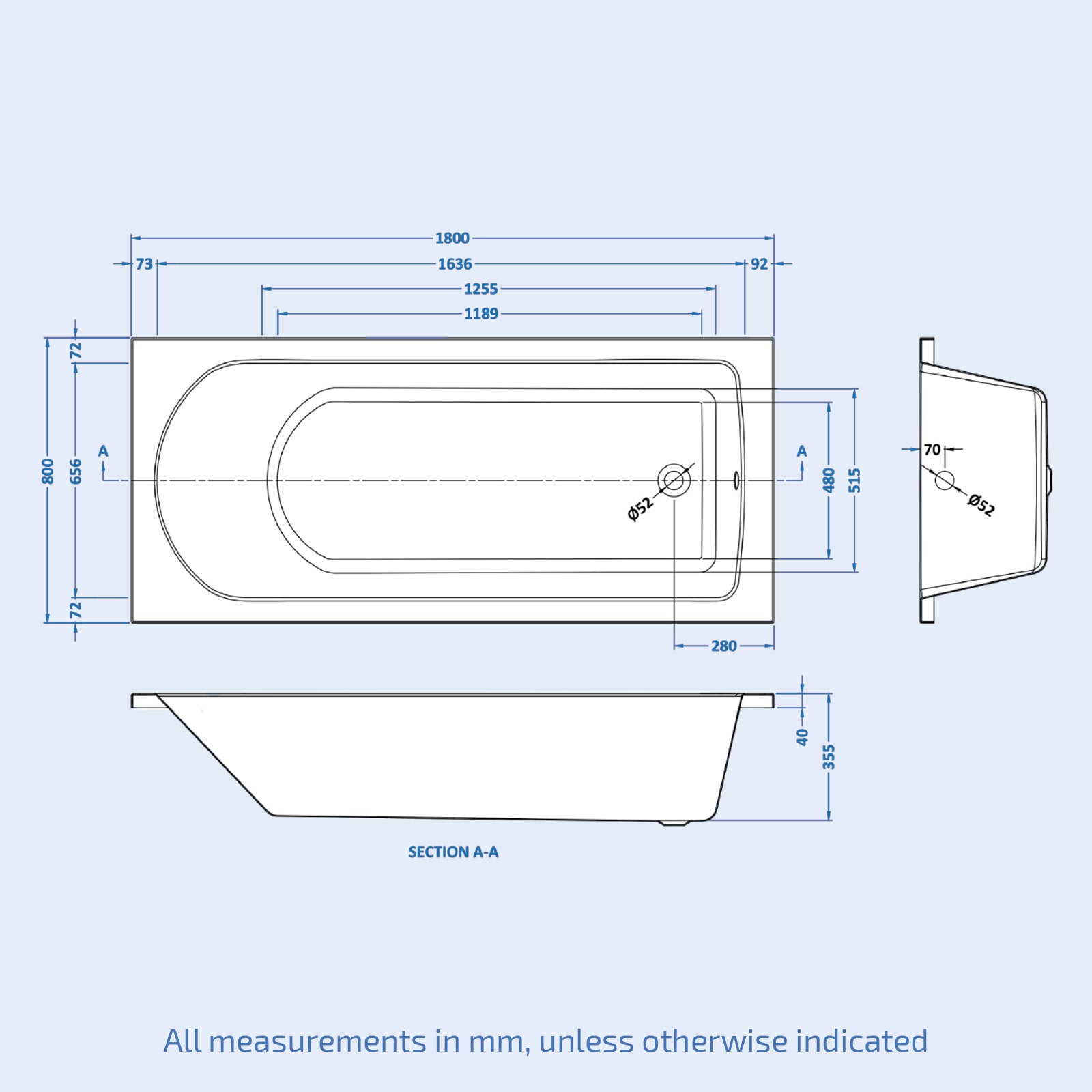 Standard Single Ended Bath 1800 x 800 in White with Bath Leg
