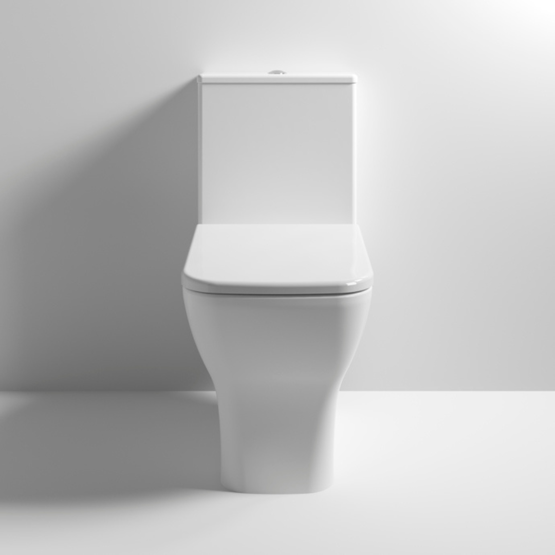 Nuie Rimless Square Compact Close Coupled Toilet WC Pan, Toilet Seat & Cistern