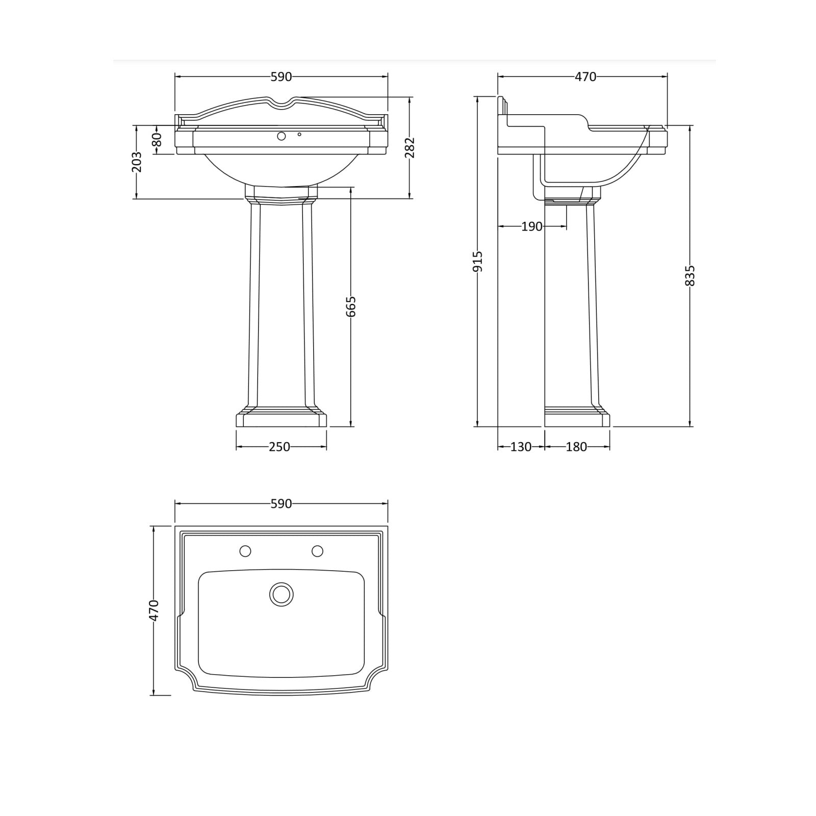 Nuie Legend 590mm Basin & Pedestal Full Traditional White with 2 Tap holes