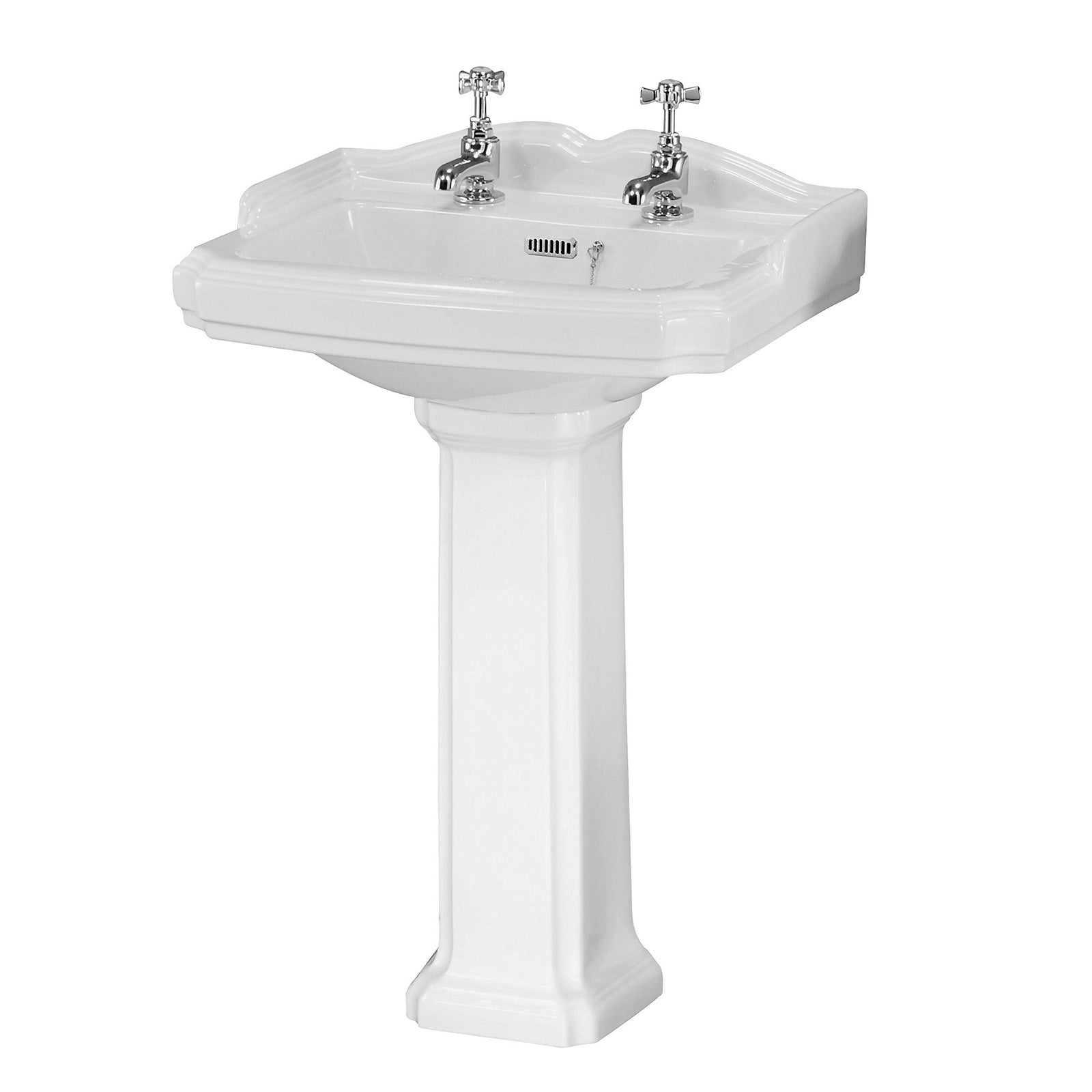 Nuie Legend 590mm Basin & Pedestal Full Traditional White with 2 Tap holes