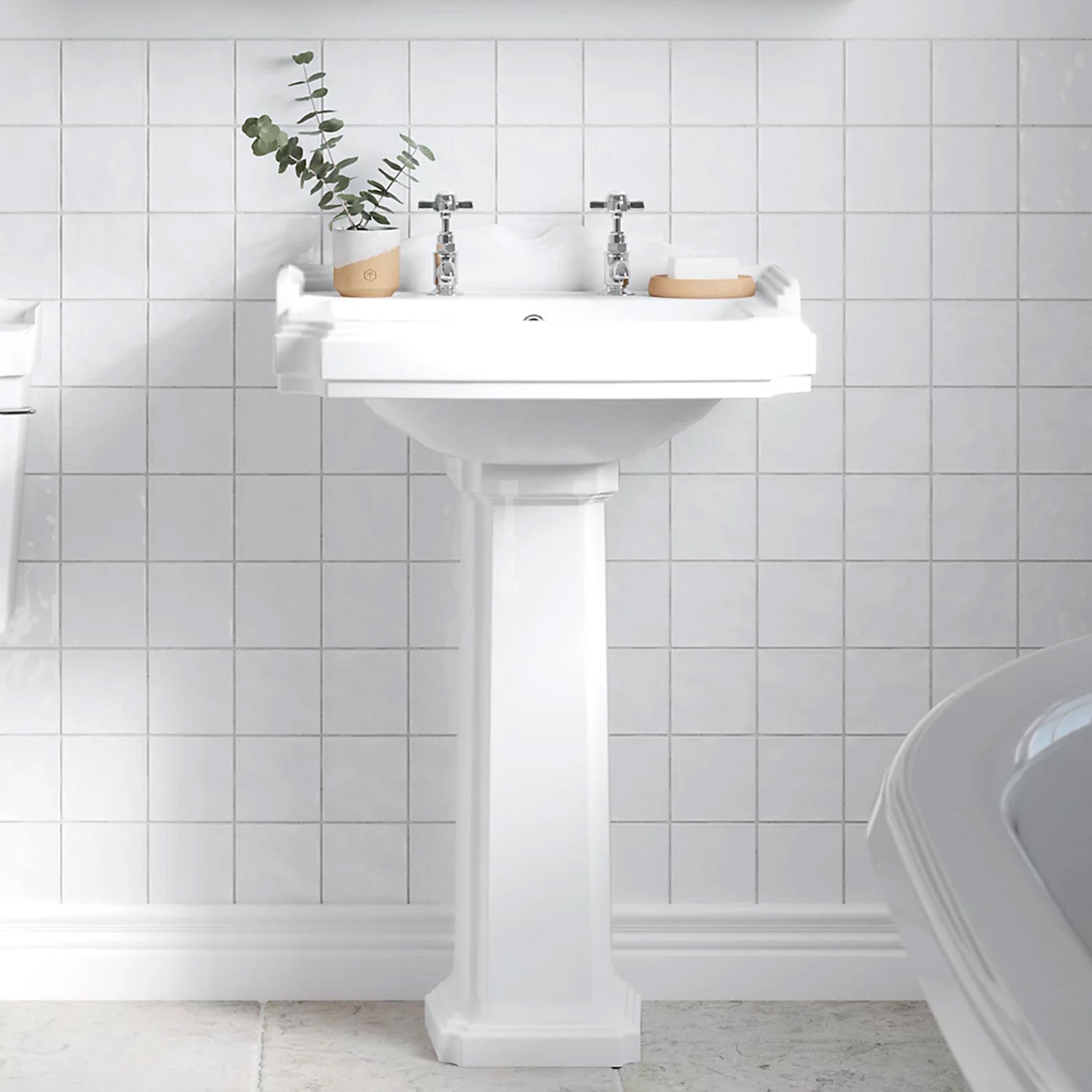 Nuie Legend 590mm Basin & Pedestal Full Traditional White with 2 Tap holes