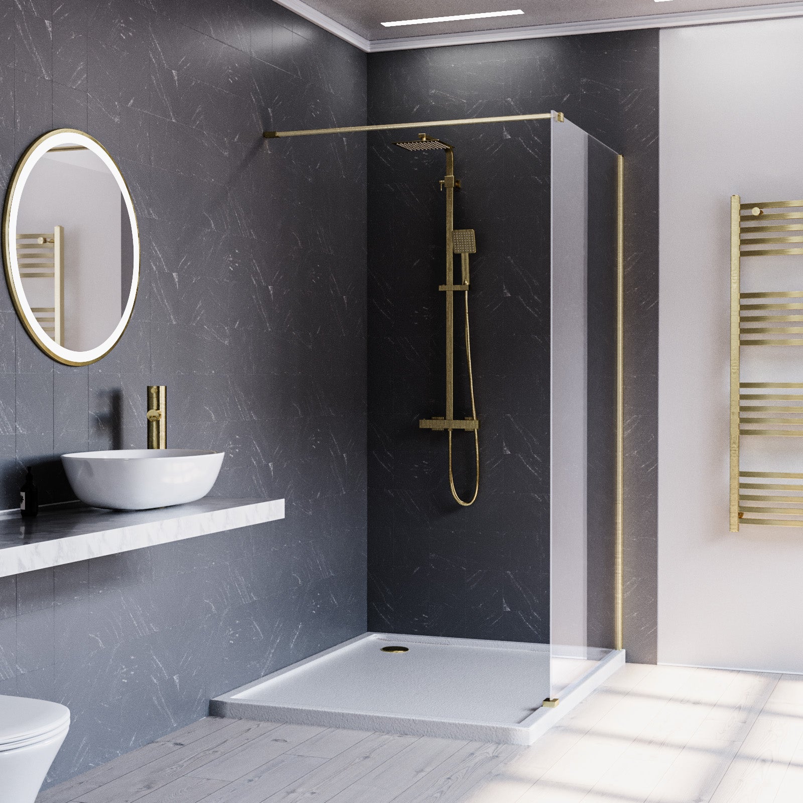 Brushed Brass 1000mm Wet Room Screen & Support Bar