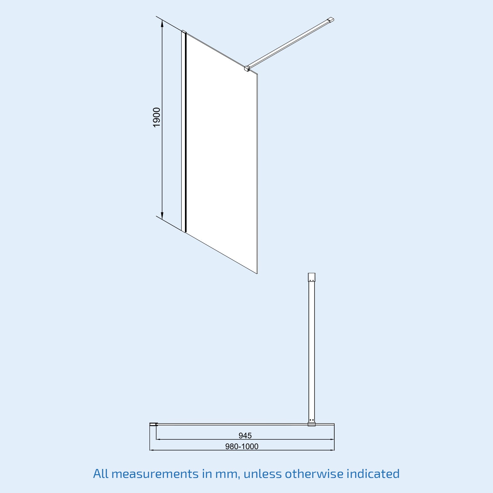 Brushed Brass 1000mm Wet Room Screen & Support Bar