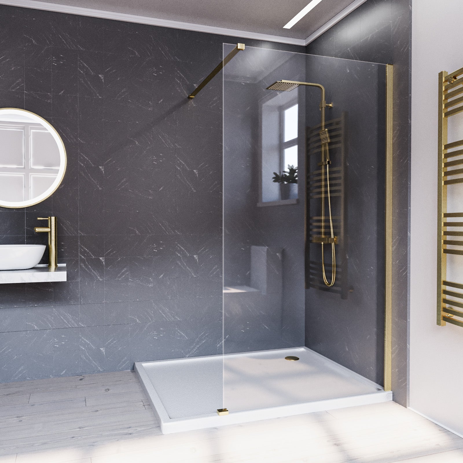 Brushed Brass 1000mm Wet Room Screen & Support Bar