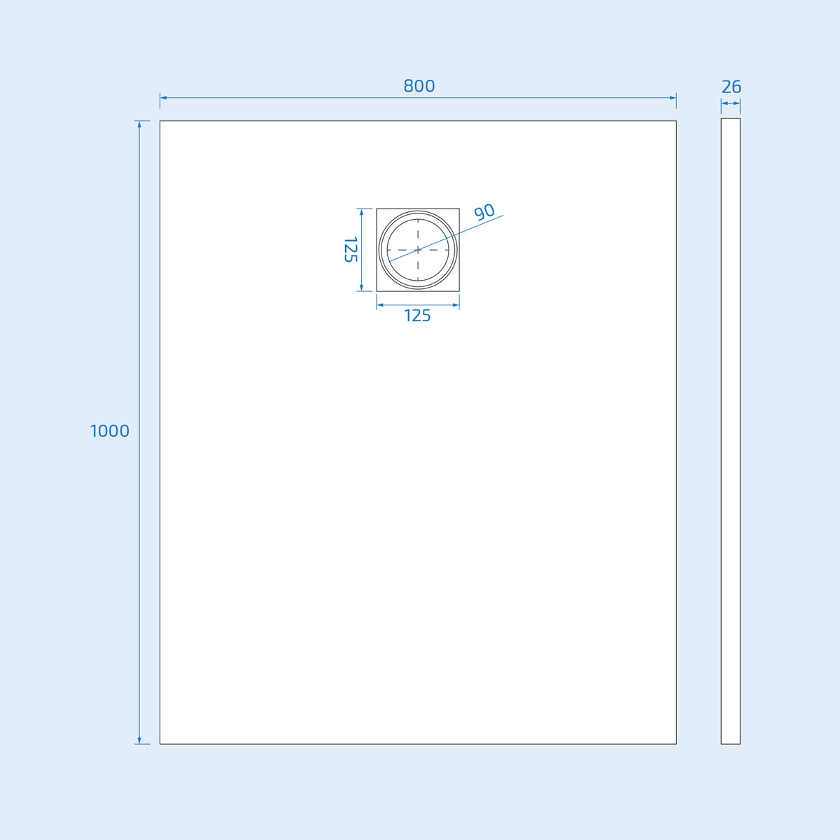 Matte White 1000 x 800mm Rectangular Polymarble Shower Tray With Waste