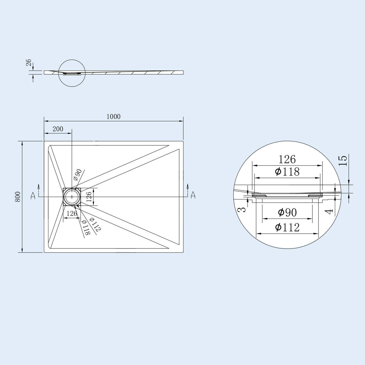 Matte White 1000 x 800mm Rectangular Polymarble Shower Tray With Waste