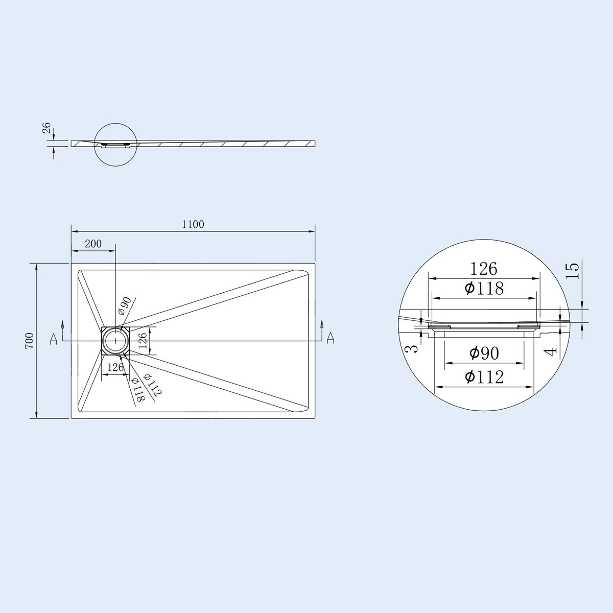 Matte White 1100 x 700mm Rectangular Polymarble Shower Tray With waste