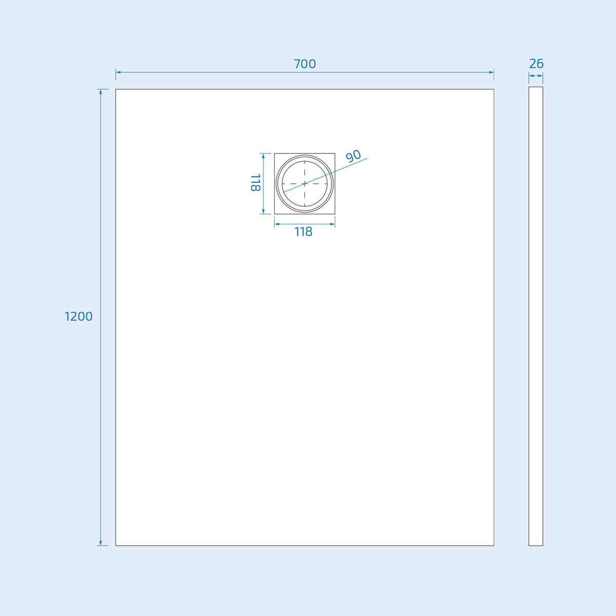 Matte White 1200 x 700 mm Rectangular SMC Shower Tray With Waste