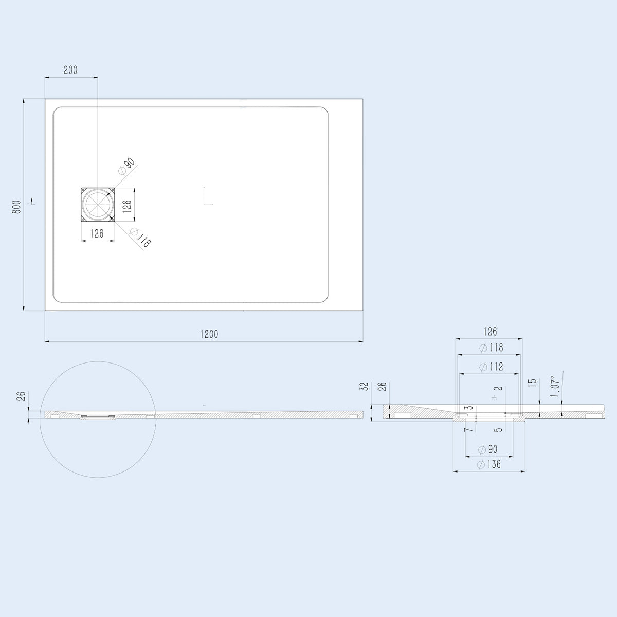 Matte White 1200 x 800 mm Rectangular SMC Shower Tray With Waste
