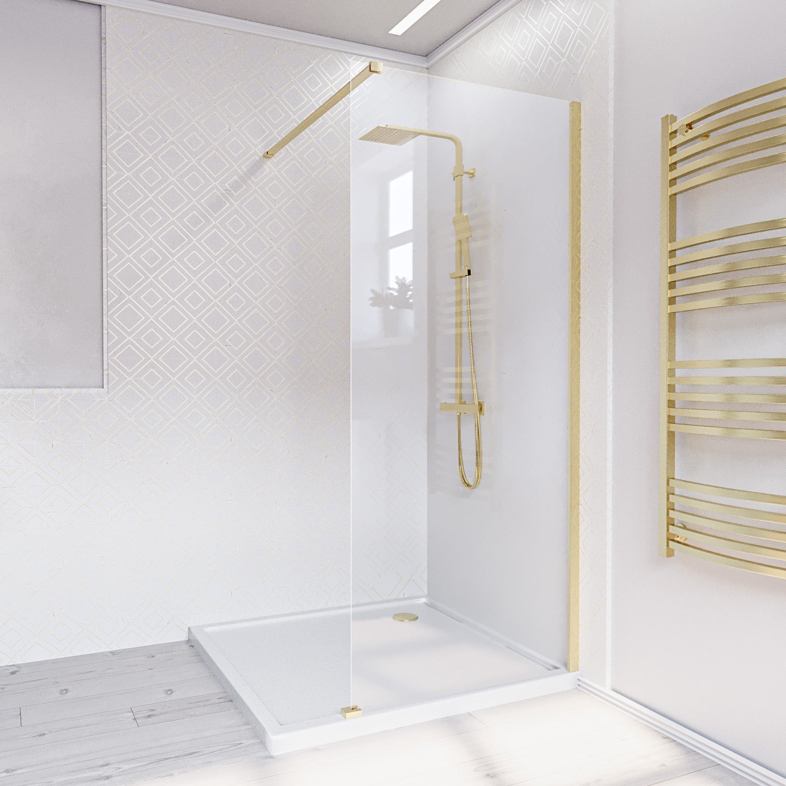 Brushed Brass 700mm Wet Room Screen & Support Bar