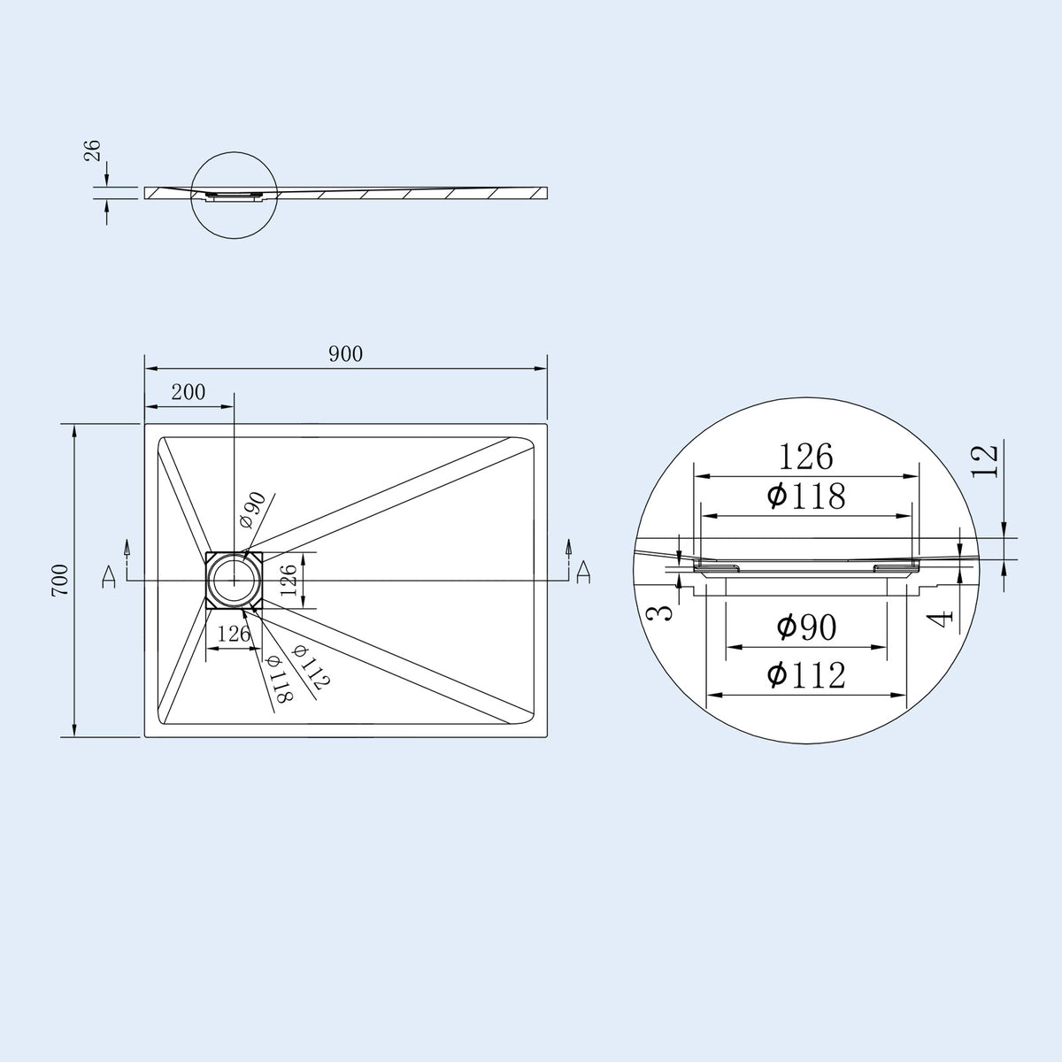 Matt White 900 x 700mm Rectangular Polymarble Shower Tray With Waste