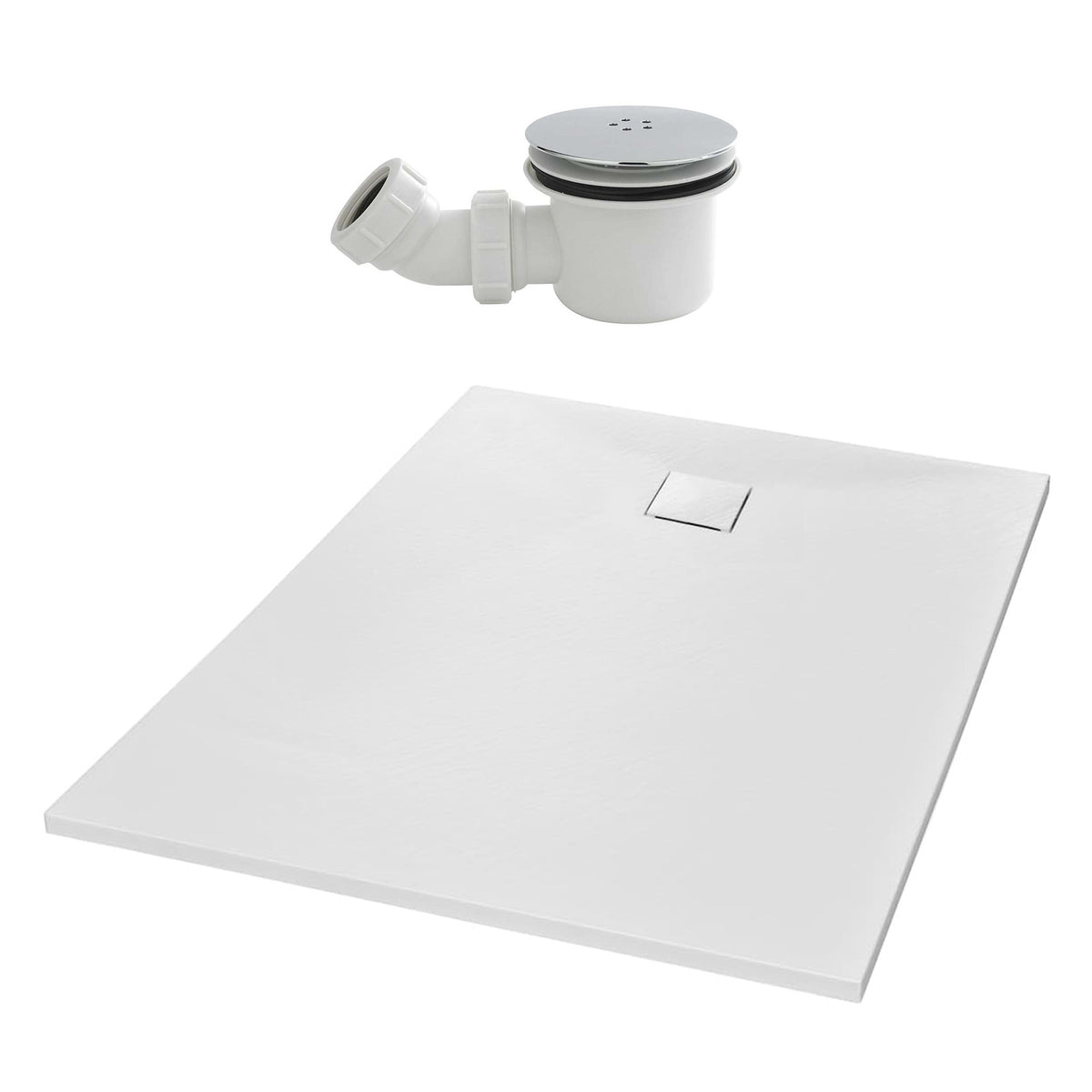 Matte White 900 x 800mm Rectangular Polymarble Shower Tray With Waste