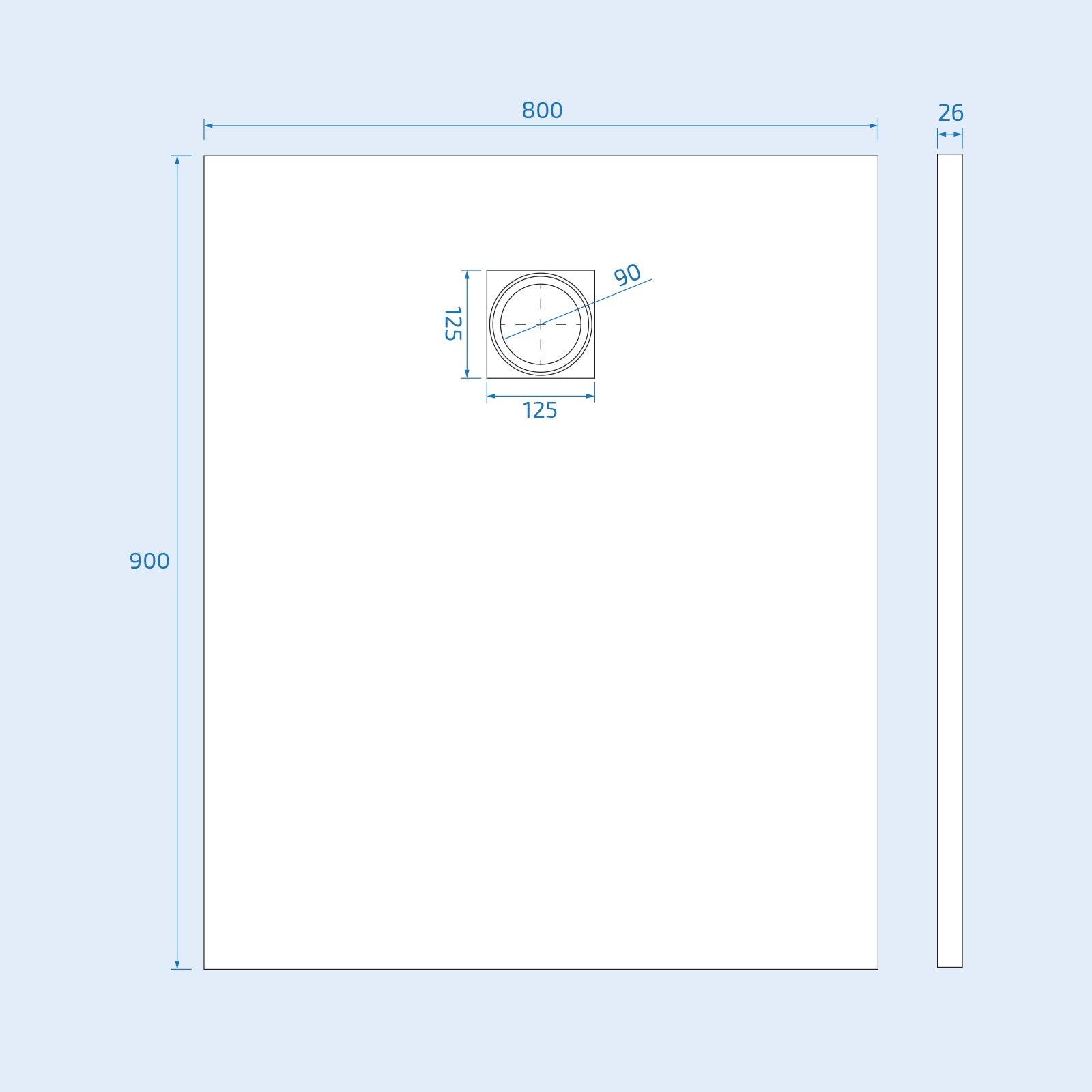 Matte White 900 x 800mm Rectangular Polymarble Shower Tray