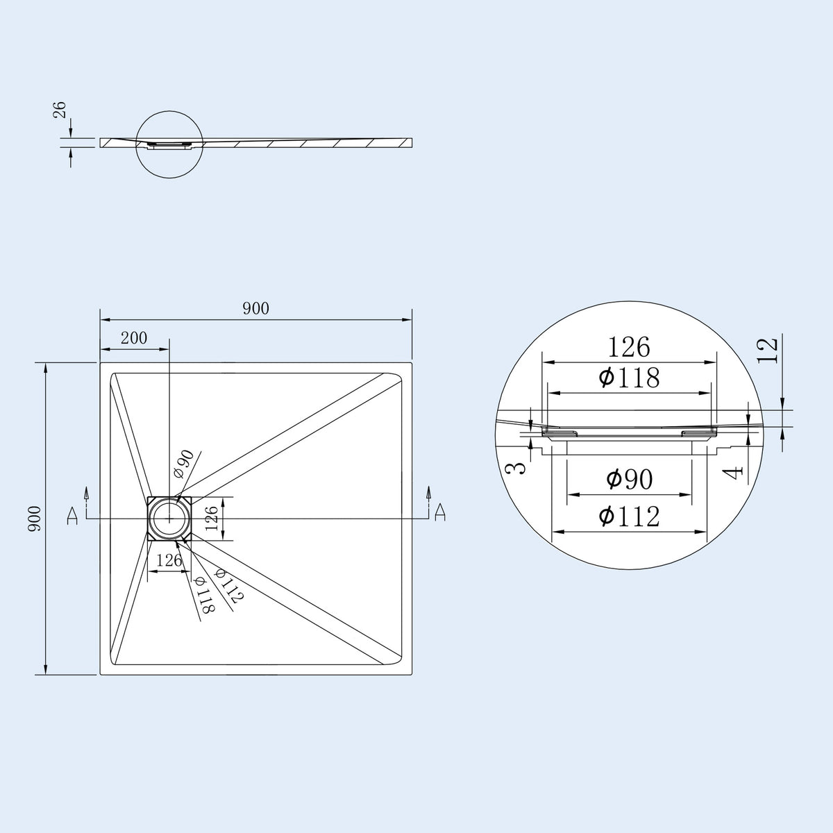 Matte White 900 x 900mm Rectangular Polymarble Shower Tray With Waste