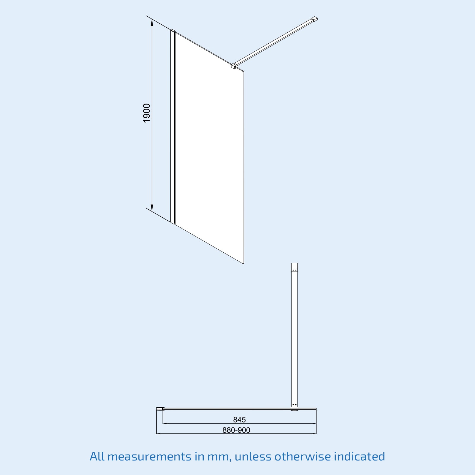 Brushed Brass 900mm Wet Room Screen & Support Bar