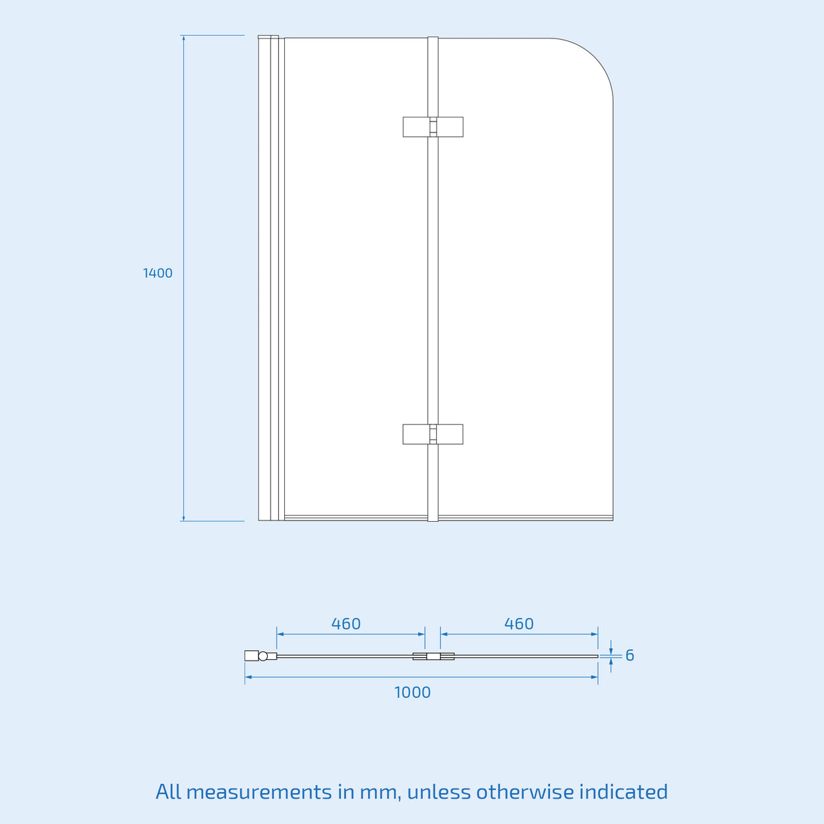 Hinged 1000 x 1400mm Bathtub Screen, 6mm Tempered Glass - Aluminium