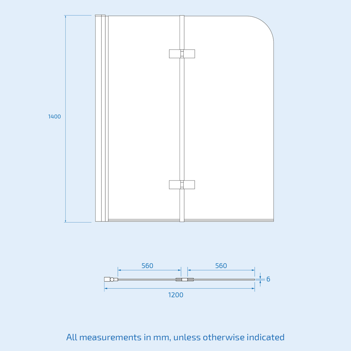 Hinged 1200 x 1400mm Bathtub Screen, 6mm Tempered Glass - Aluminium