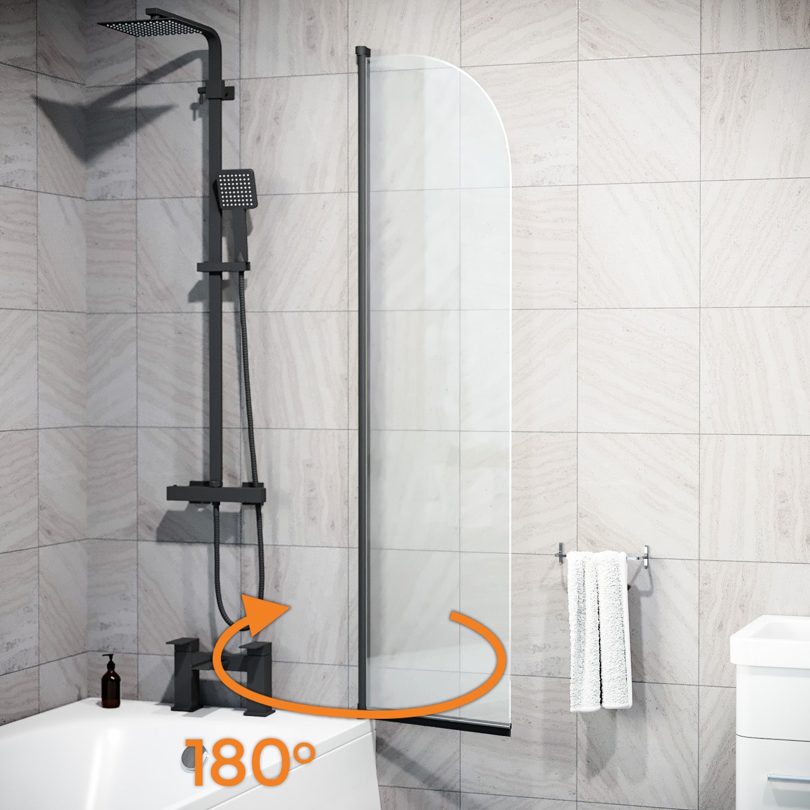 Hinged 400 x 1400mm Bathtub Screen, 5mm Tempered Glass - Matte Black