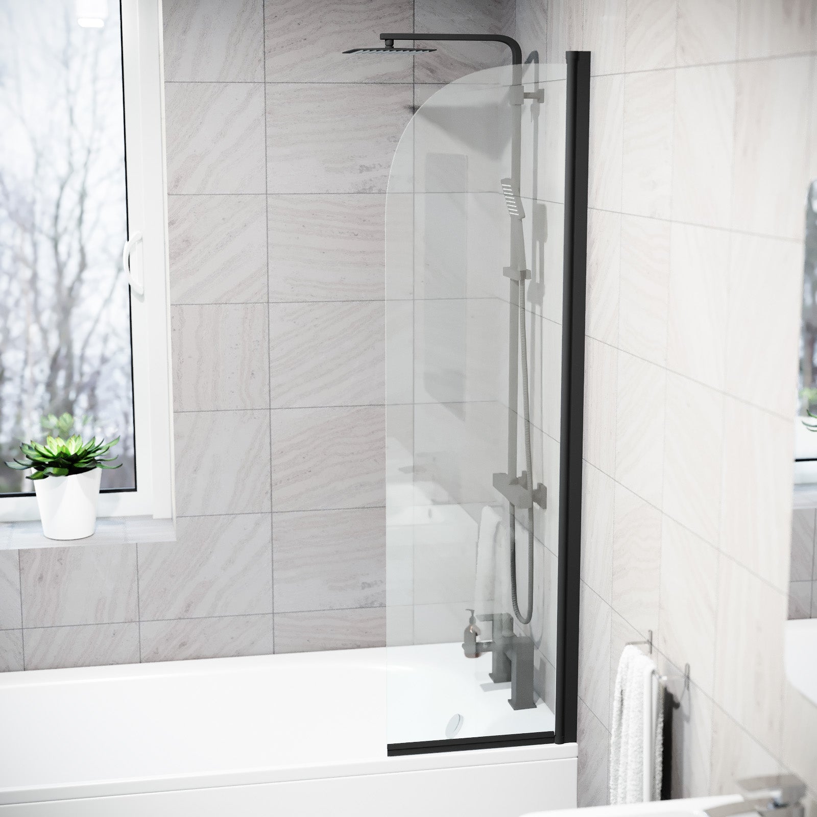 Hinged 400 x 1400mm Bathtub Screen, 5mm Tempered Glass - Matte Black