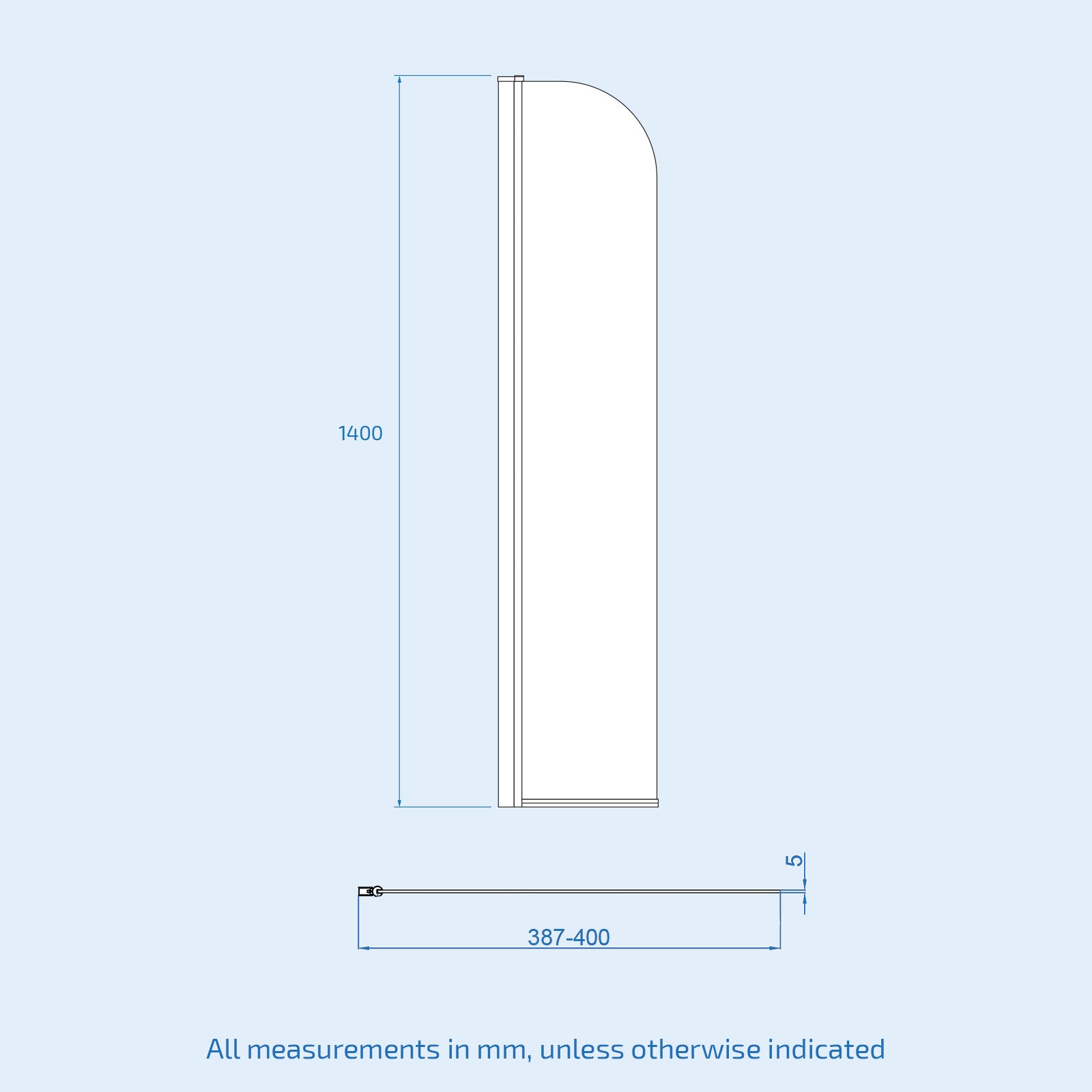Hinged 400 x 1400mm Bathtub Screen, 5mm Tempered Glass - Aluminium