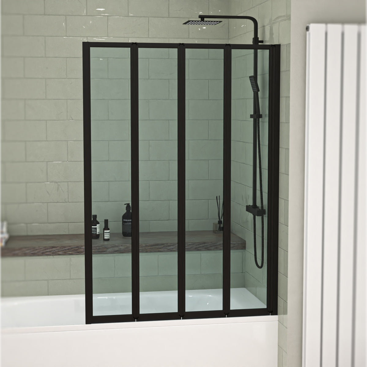 1000x1400mm Bathtub Screen, 4mm Clear Glass - Black Aluminium