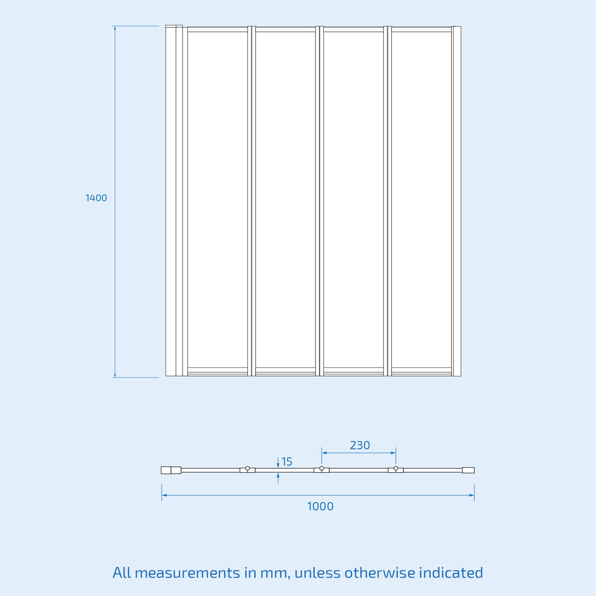 1000x1400mm Bathtub Screen, 4mm Clear Glass - Black Aluminium