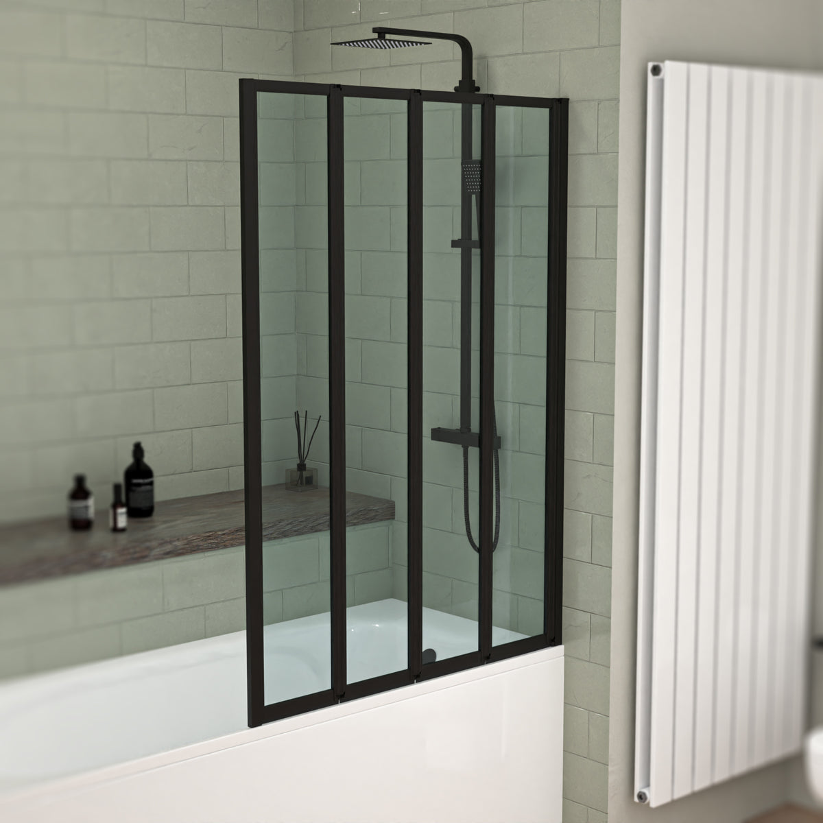 1000x1400mm Bathtub Screen, 4mm Clear Glass - Black Aluminium