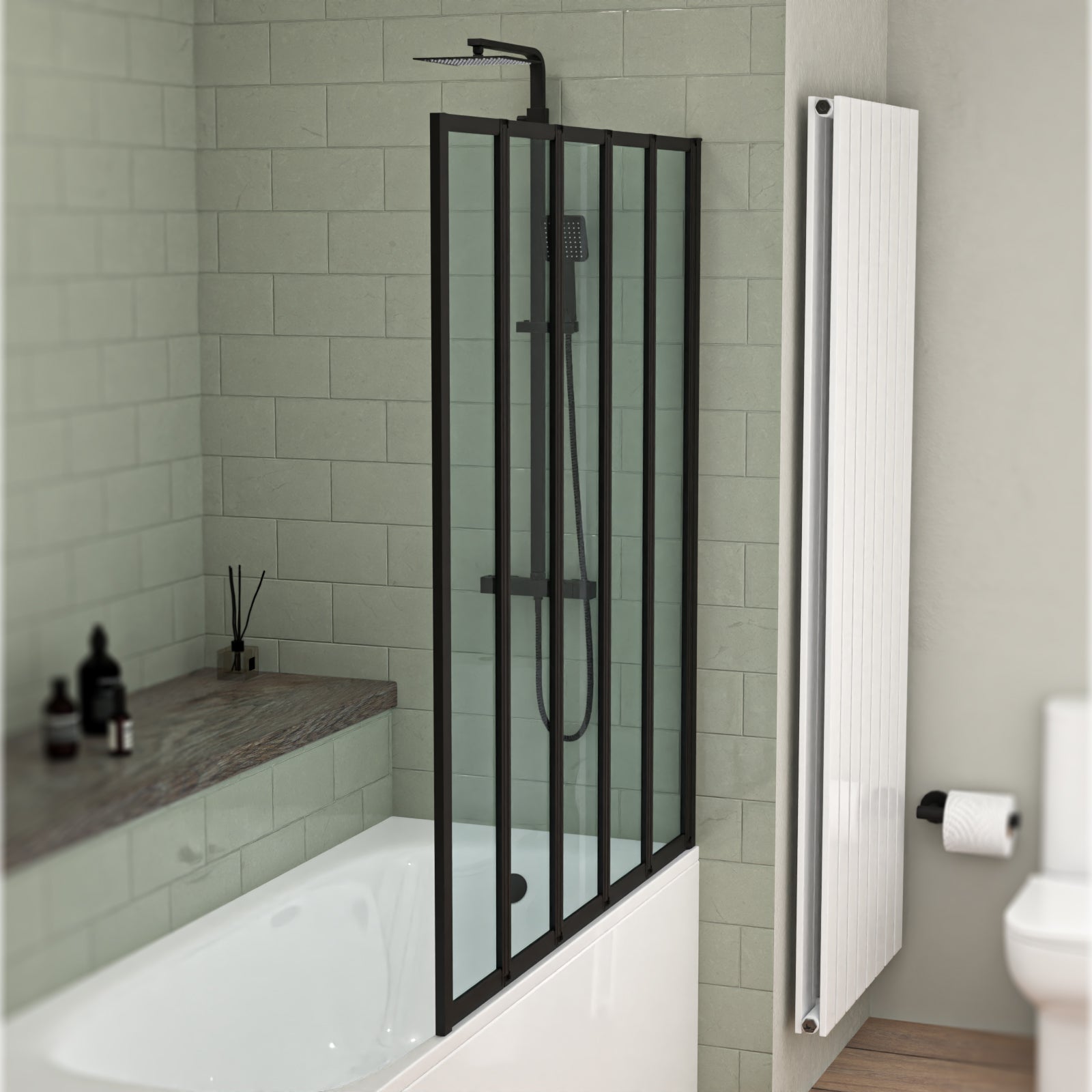1200x1400mm Bathtub Screen, 4mm Clear Glass - Black Aluminium