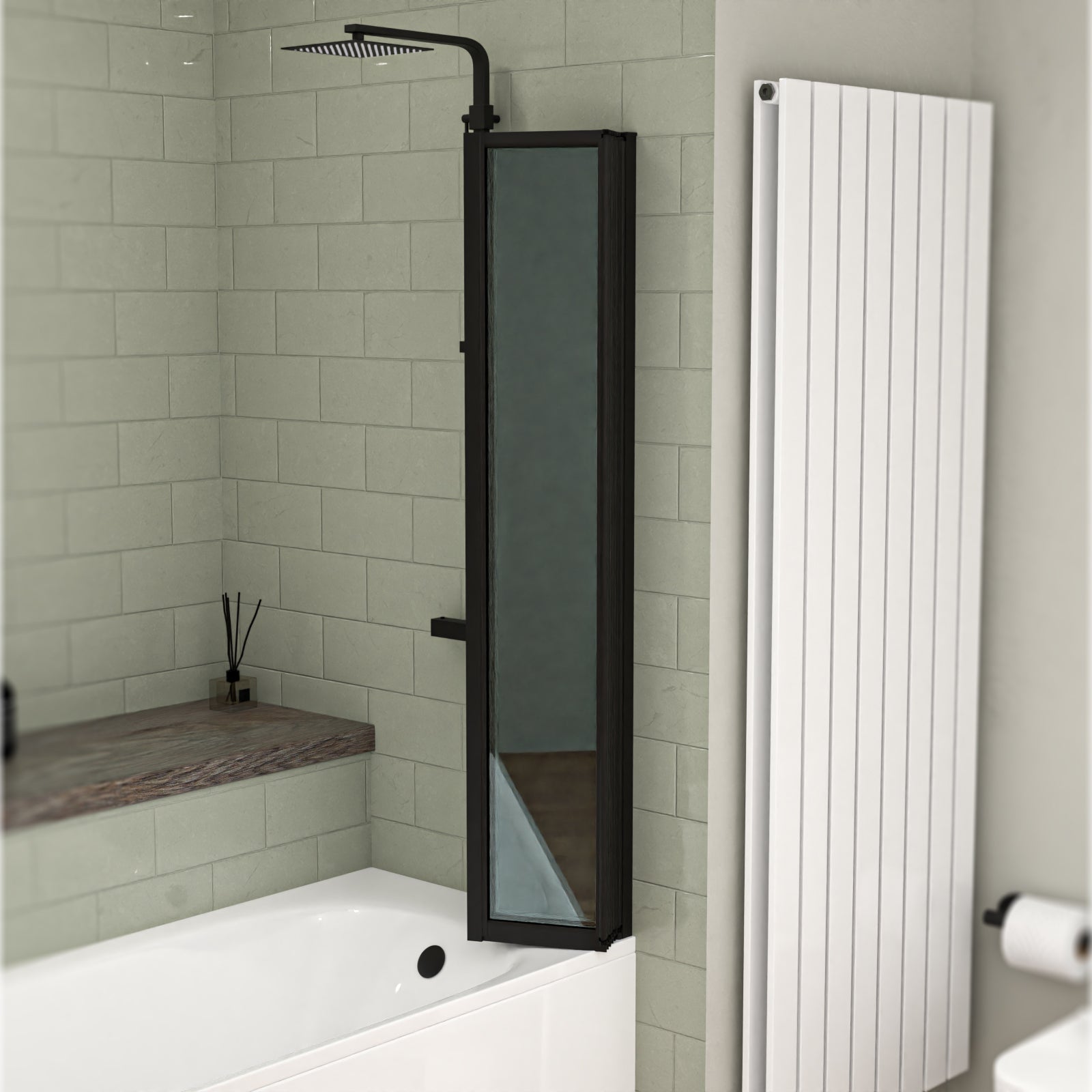 1200x1400mm Bathtub Screen, 4mm Clear Glass - Black Aluminium