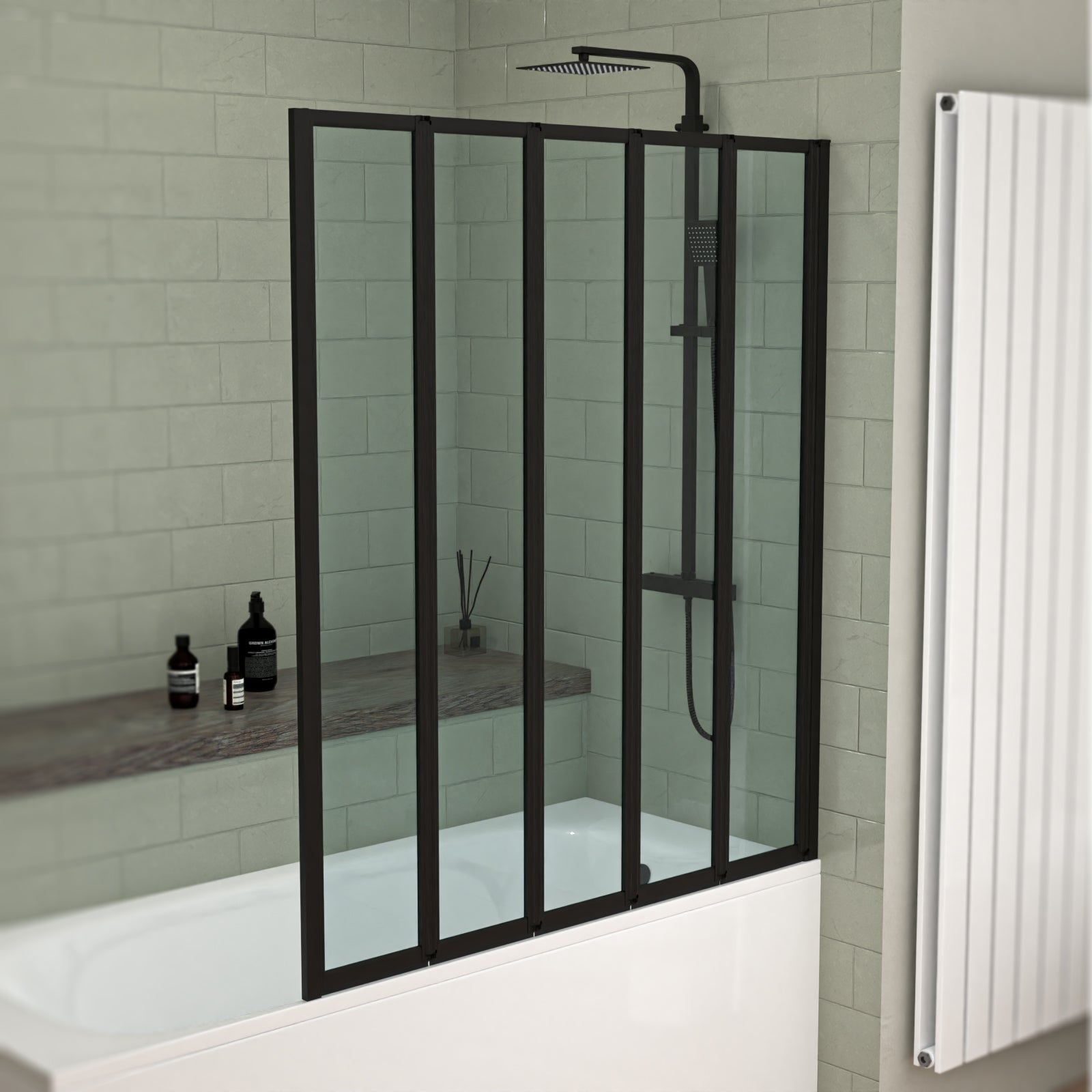 1200x1400mm Bathtub Screen, 4mm Clear Glass - Black Aluminium