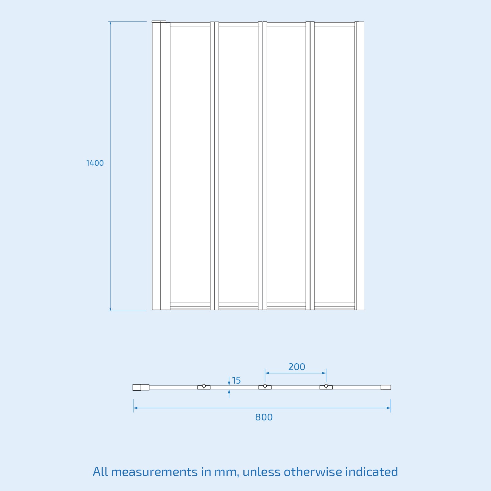 Parga 800 x 1400 mm Chrome Frame 4 Fold Door Bath Shower Screen