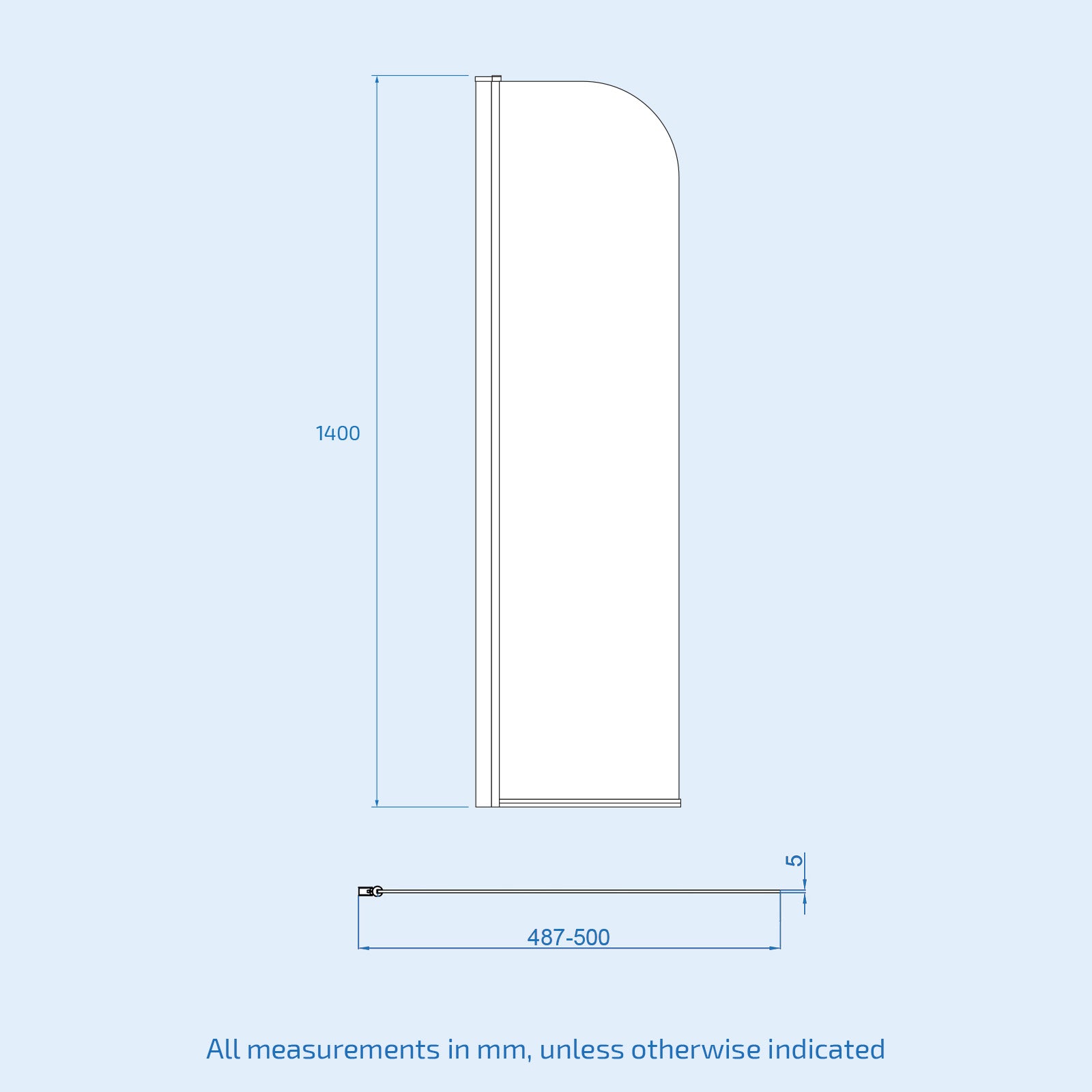 Hinged 500 x 1400mm Bathtub Screen, 5mm Tempered Glass - Brushed Brass