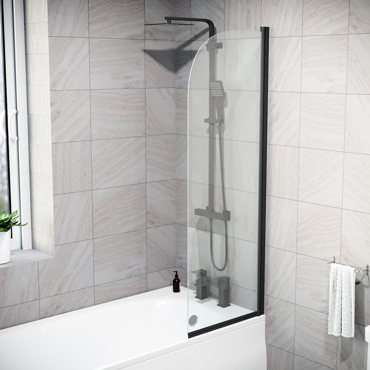 Hinged 500 x 1400mm Bathtub Screen, 5mm Tempered Glass - Matte Black