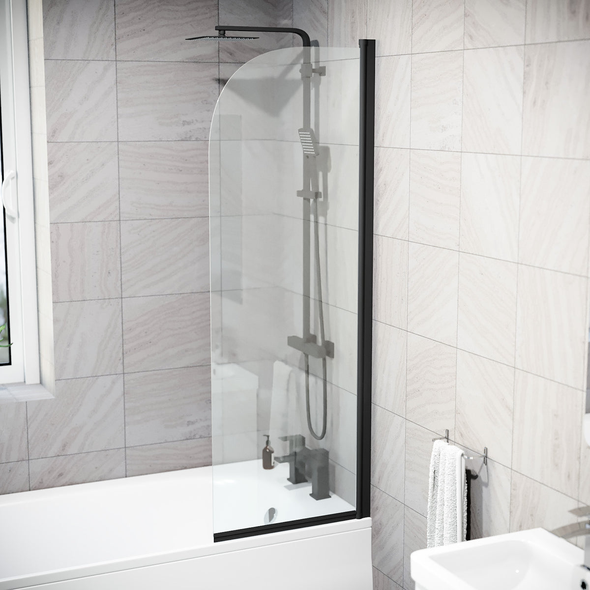 Hinged 500 x 1400mm Bathtub Screen, 5mm Tempered Glass - Matte Black